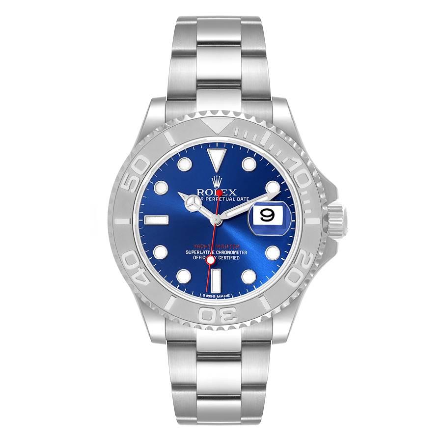 Rolex Yachtmaster 40mm Steel Platinum Blue Dial Mens Watch 116622 Box Card. Mouvement automatique à remontage automatique, officiellement certifié chronomètre. Boîtier en acier inoxydable de 40.0 mm de diamètre. Logo Rolex sur la couronne. Lunette