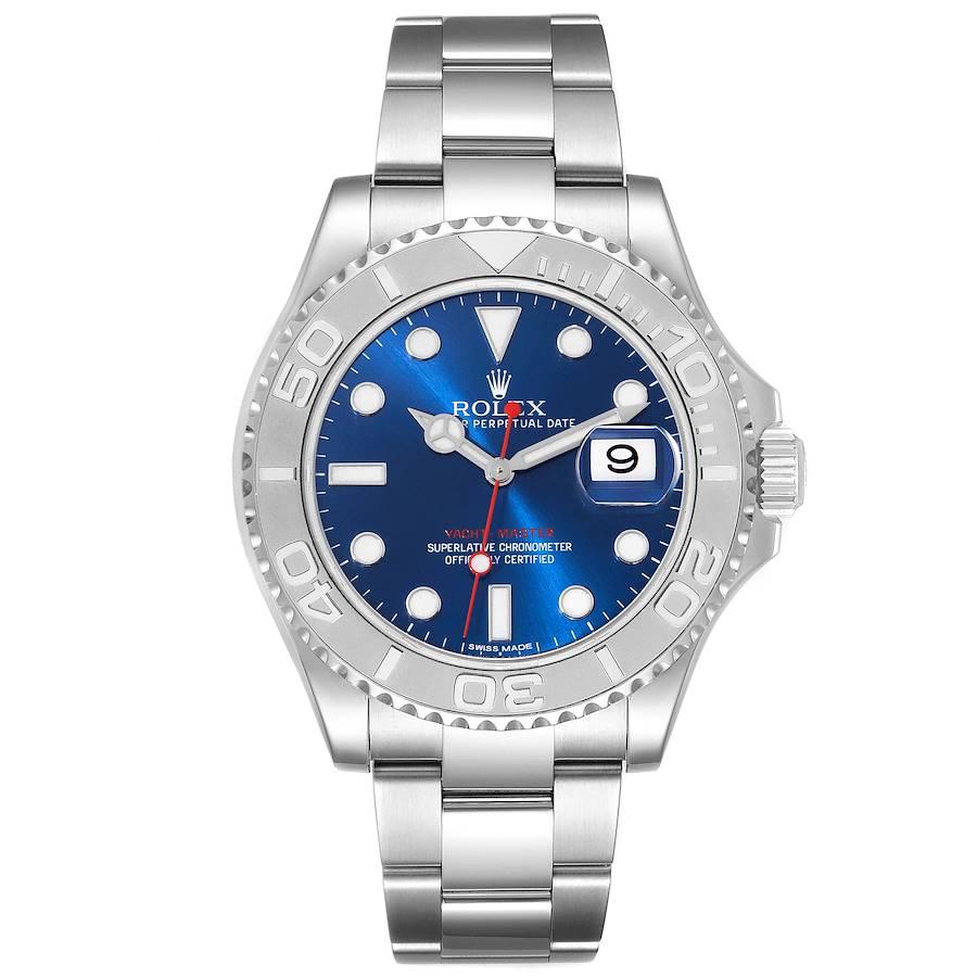 Rolex Yachtmaster 40mm Steel Platinum Blue Dial Mens Watch 116622 Box Card. Officially certified chronometer automatic self-winding movement. Stainless steel case 40.0 mm in diameter. Rolex logo on the crown. Platinum special time-lapse