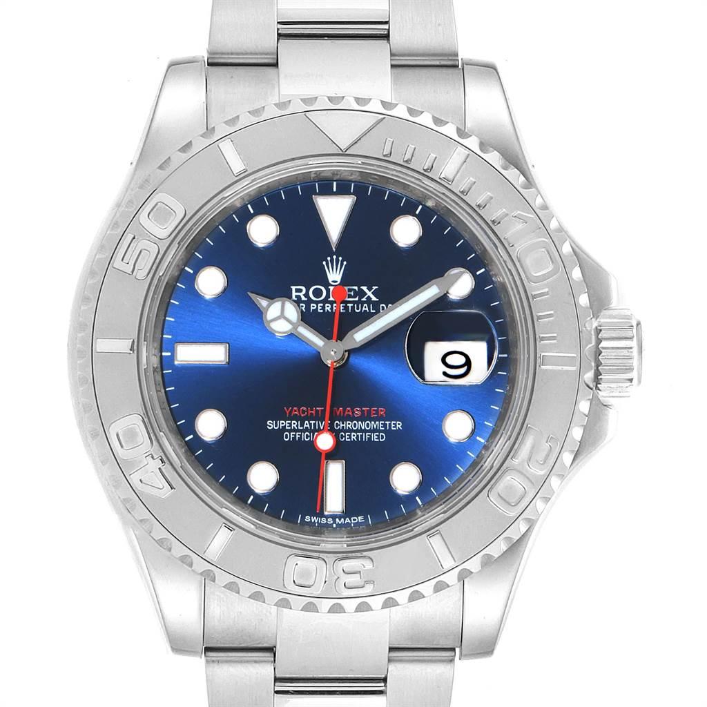 Rolex Yachtmaster 40mm Steel Platinum Blue Dial Mens Watch 116622. Officially certified chronometer automatic self-winding movement. Stainless steel case 40.0 mm in diameter. Rolex logo on a crown. Platinum special time-lapse unidirectional rotating