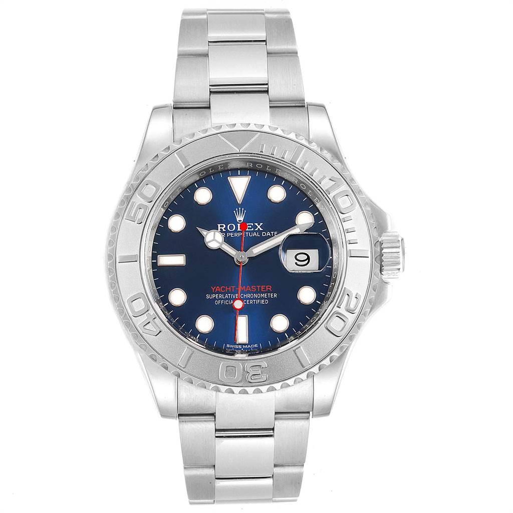 Rolex Yachtmaster 40mm Steel Platinum Blue Dial Mens Watch 116622. Officially certified chronometer self-winding movement. Stainless steel case 40.0 mm in diameter. Rolex logo on a crown. Platinum special time-lapse unidirectional rotating bezel.