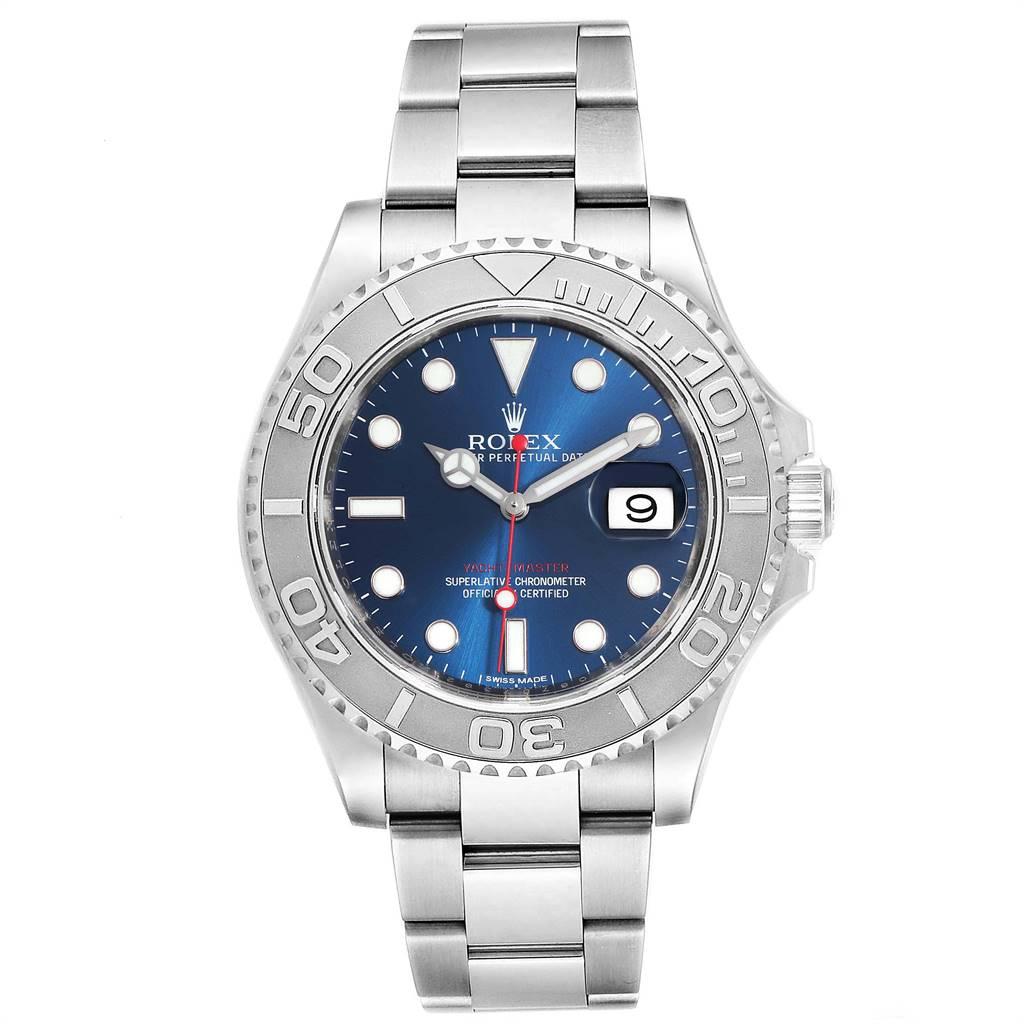 Rolex Yachtmaster 40mm Steel Platinum Blue Dial Mens Watch 116622. Officially certified chronometer self-winding movement. Stainless steel case 40.0 mm in diameter. Rolex logo on a crown. Platinum special time-lapse unidirectional rotating bezel.