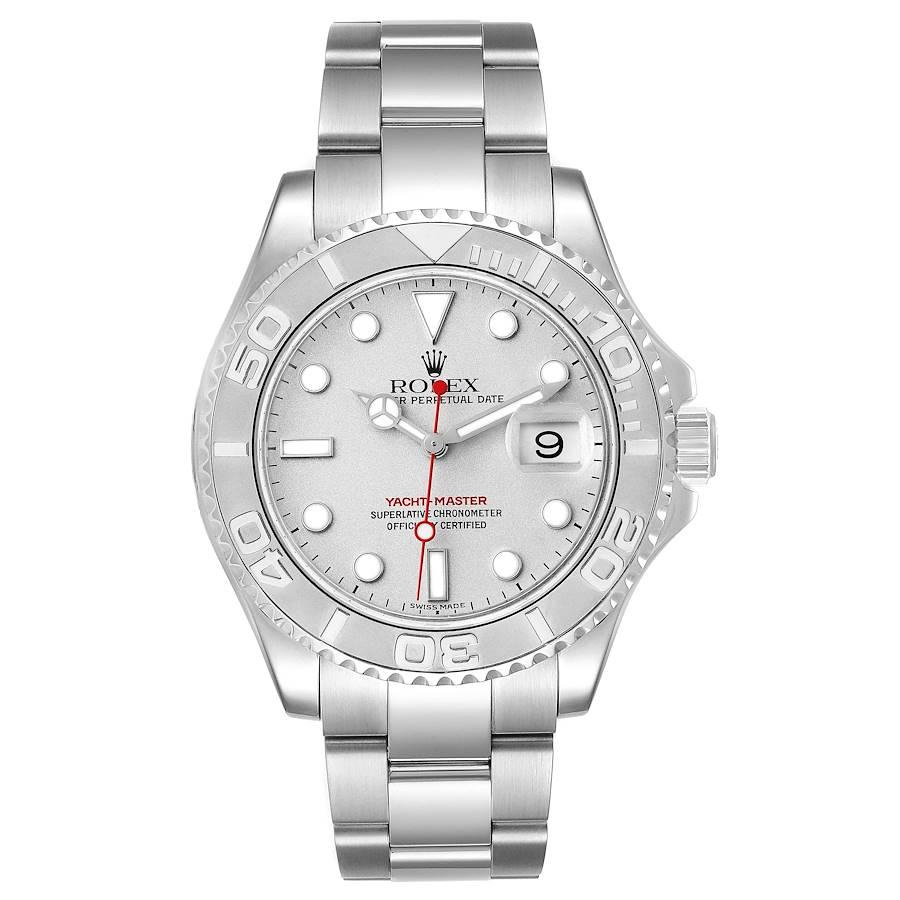 Rolex Yachtmaster 40mm Steel Platinum Dial Bezel Mens Watch 16622 Box Papers. Officially certified chronometer self-winding movement. Stainless steel case 40.0 mm in diameter. Rolex logo on a crown. Platinum special time-lapse unidirectional