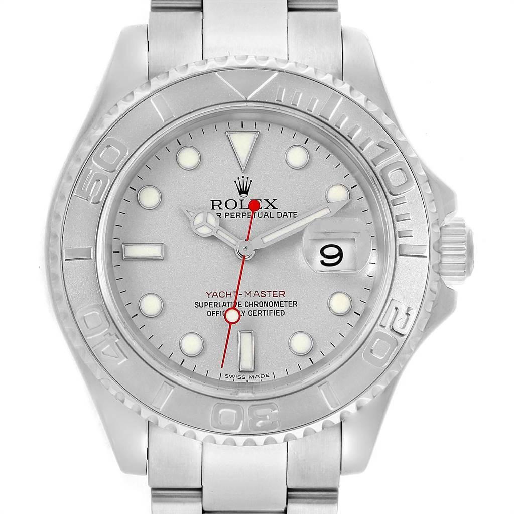 Rolex Yachtmaster 40mm Steel Platinum Mens Watch 16622 Box. Officially certified chronometer self-winding movement. Stainless steel case 40.0 mm in diameter. Rolex logo on a crown. Platinum special time-lapse unidirectional rotating bezel. Scratch