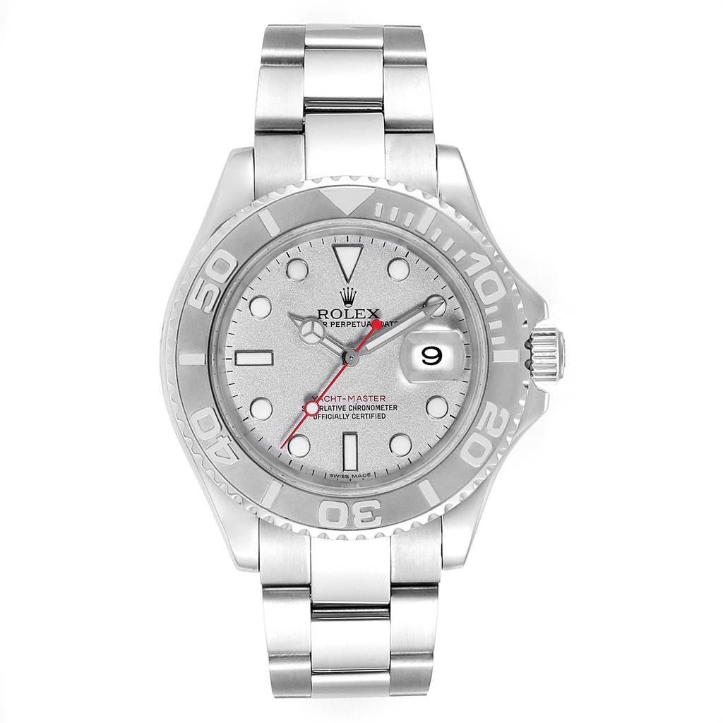 Rolex Yachtmaster 40mm Steel Platinum Mens Watch 16622 Box Papers. Officially certified chronometer self-winding movement. Stainless steel case 40.0 mm in diameter. Rolex logo on a crown. Platinum special time-lapse unidirectional rotating bezel.