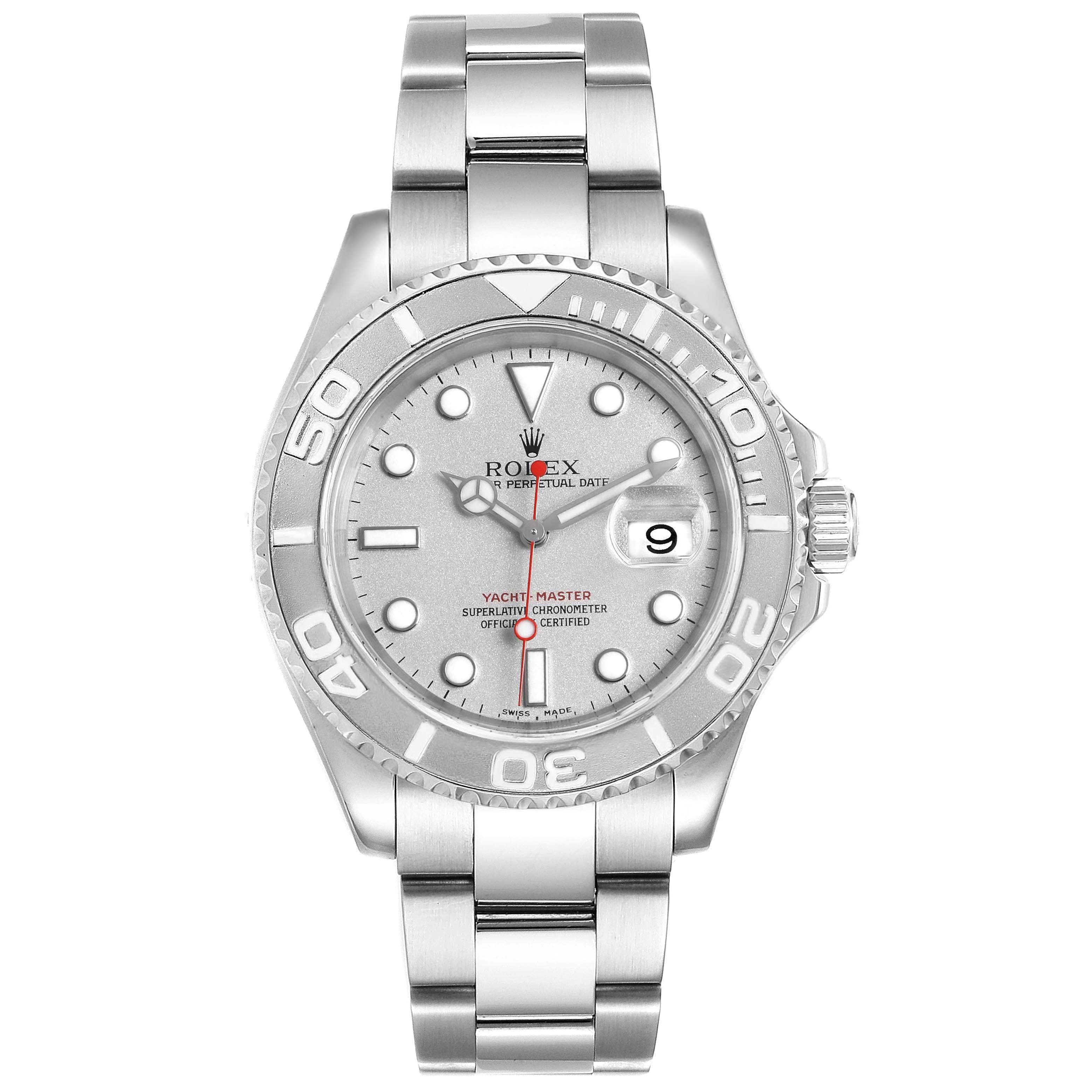Rolex Yachtmaster 40mm Steel Platinum Mens Watch 16622 Box Papers. Officially certified chronometer self-winding movement. Stainless steel case 40.0 mm in diameter. Rolex logo on a crown. Platinum special time-lapse unidirectional rotating bezel.