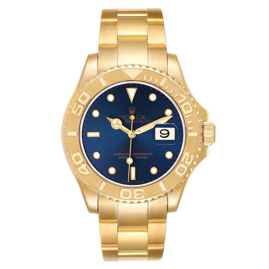 Rolex Yachtmaster 40mm Yellow Gold Blue Dial Mens Watch 16628. Officially certified chronometer self-winding movement. Rhodium-plated, oeil-de-perdrix decoration, straight-line lever escapement, freesprung monometallic balance adjusted to