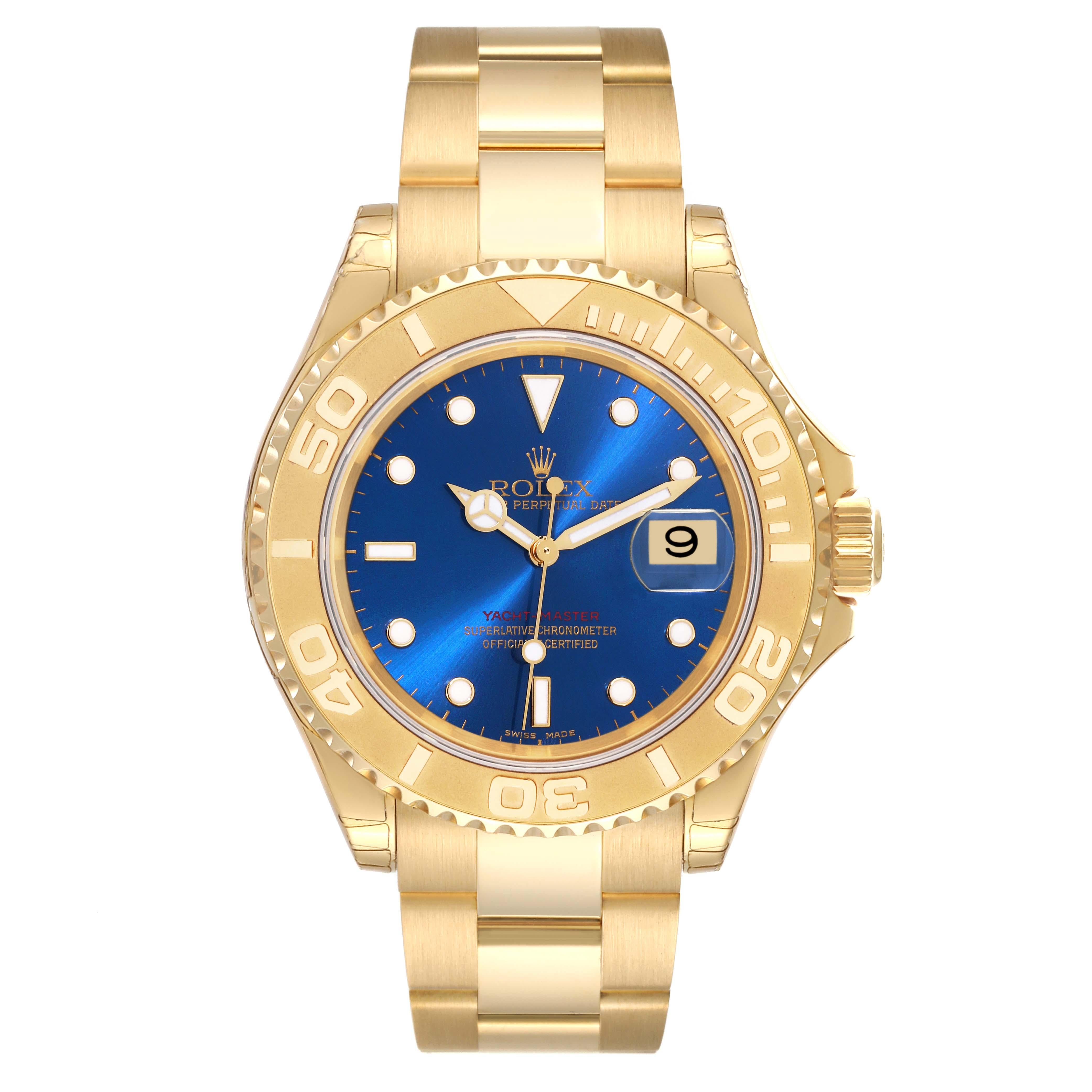 Rolex Yachtmaster 40mm Yellow Gold Blue Dial Mens Watch 16628. Officially certified chronometer automatic self-winding movement. Rhodium-plated, oeil-de-perdrix decoration, straight-line lever escapement, freesprung monometallic balance adjusted to
