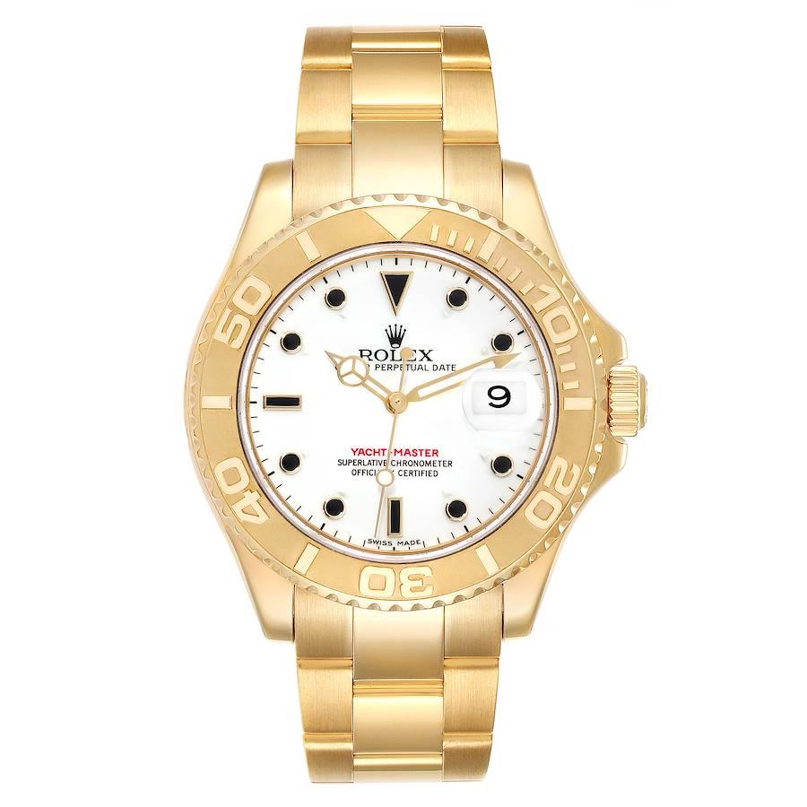 Rolex Yachtmaster 40mm Yellow Gold White Dial Mens Watch 16628 Box Papers. Officially certified chronometer self-winding movement. Rhodium-plated, oeil-de-perdrix decoration, straight-line lever escapement, freesprung monometallic balance adjusted