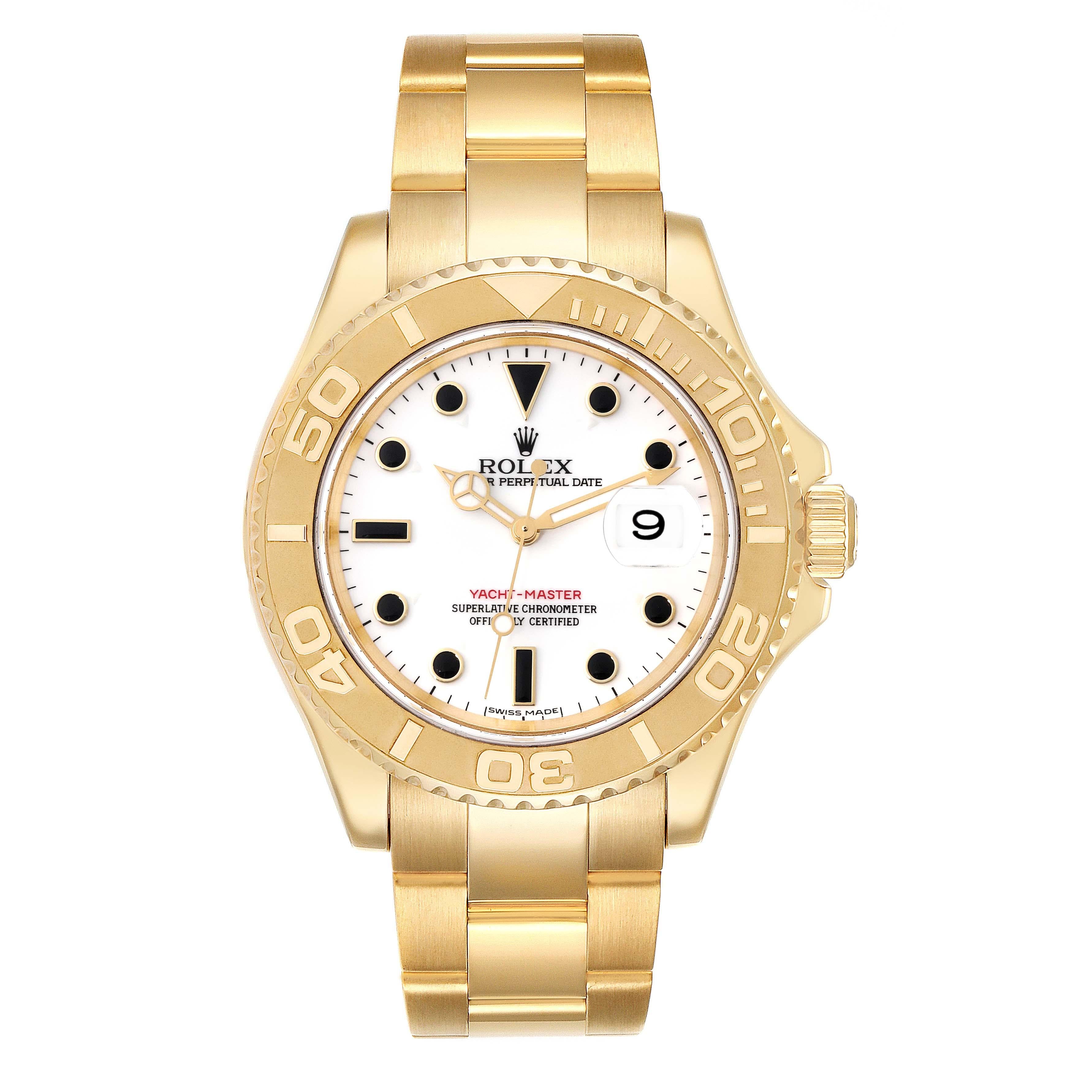 Rolex Yachtmaster 40mm Yellow Gold White Dial Mens Watch 16628. Officially certified chronometer automatic self-winding movement. Rhodium-plated, oeil-de-perdrix decoration, straight-line lever escapement, freesprung monometallic balance adjusted to