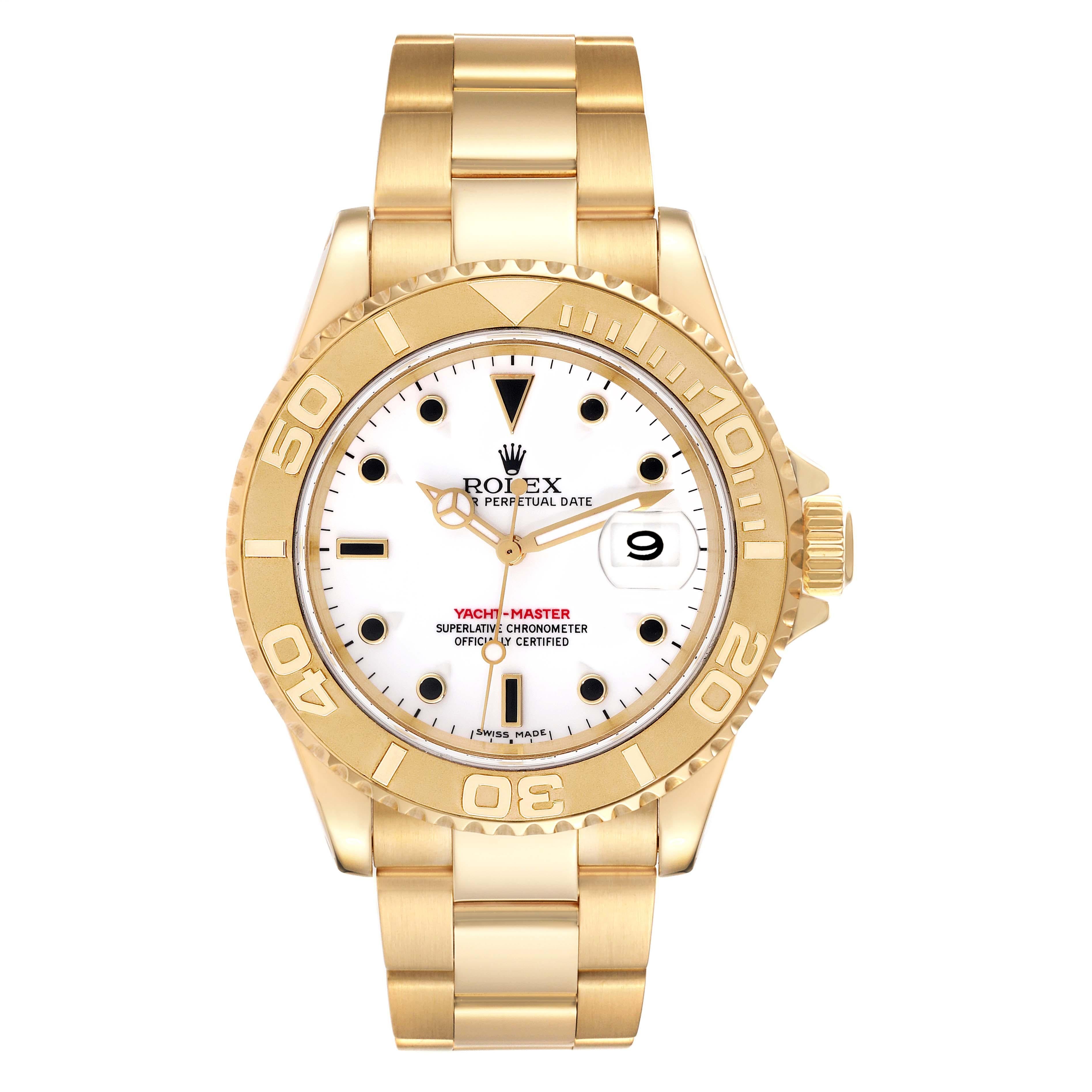 Rolex Yachtmaster 40mm Yellow Gold White Dial Mens Watch 16628. Officially certified chronometer automatic self-winding movement. Rhodium-plated, oeil-de-perdrix decoration, straight-line lever escapement, free sprung monometallic balance adjusted