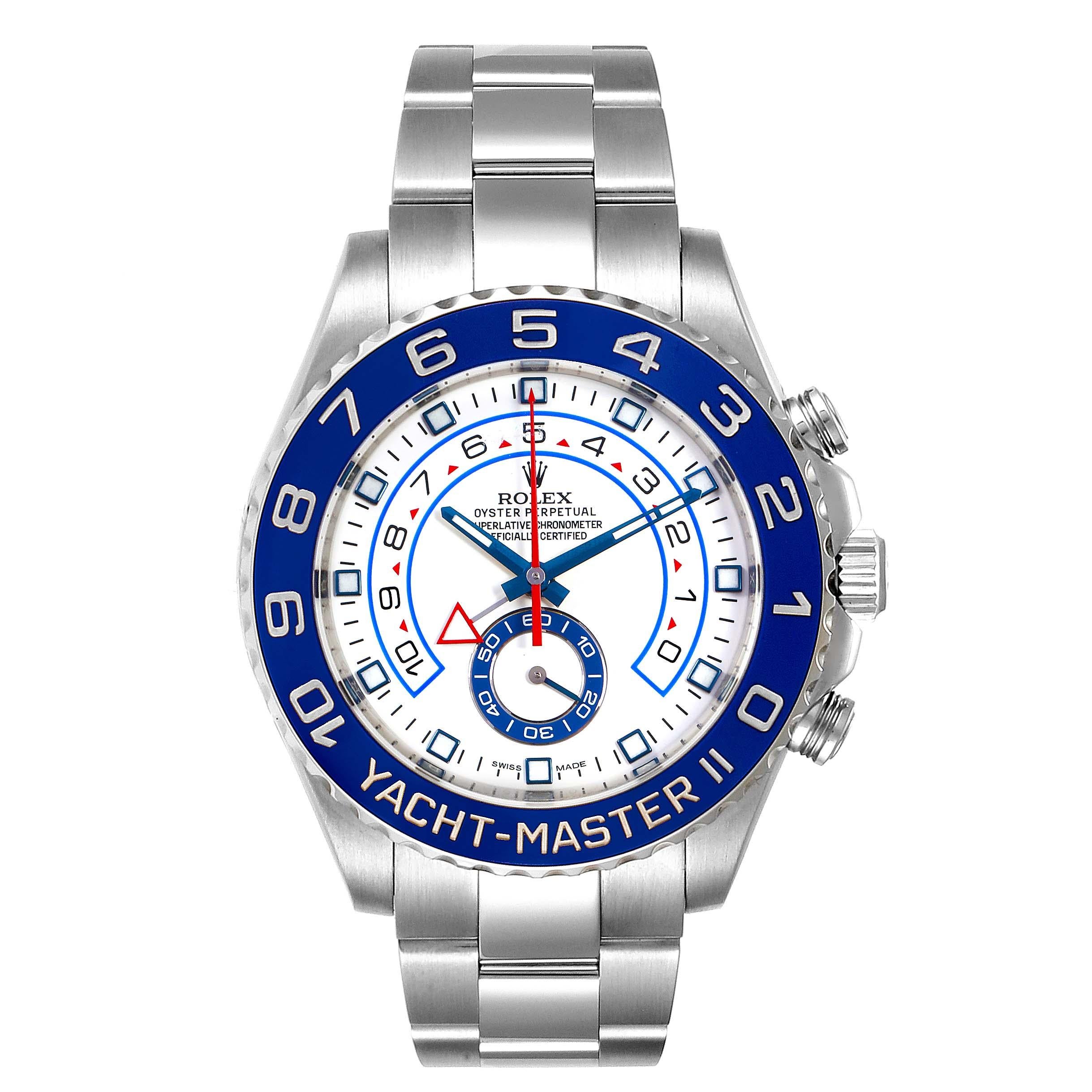 Rolex Yachtmaster II 44 Blue Cerachrom Bezel Mens Watch 116680 Box Card. Officially certified chronometer self-winding movement. Stainless steel case 44.0 mm in diameter. Screw down crown and caseback. Rolex logo on a crown. 90 degree rotating blue