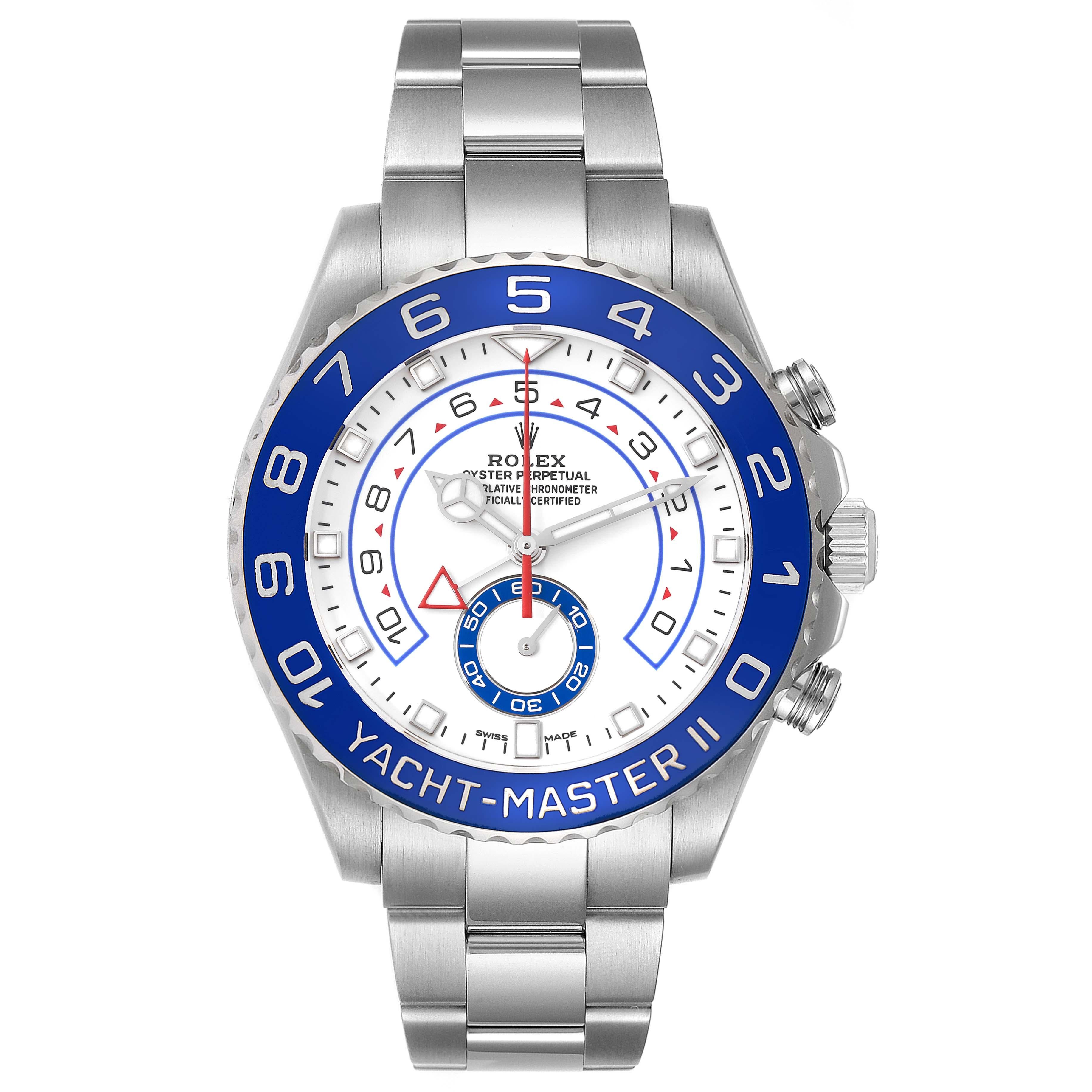 Rolex Yachtmaster II 44 Blue Cerachrom Bezel Steel Mens Watch 116680 Box Card. Officially certified chronometer automatic self-winding movement with Regatta chronograph function. Stainless steel case 44.0 mm in diameter. Screw down crown and