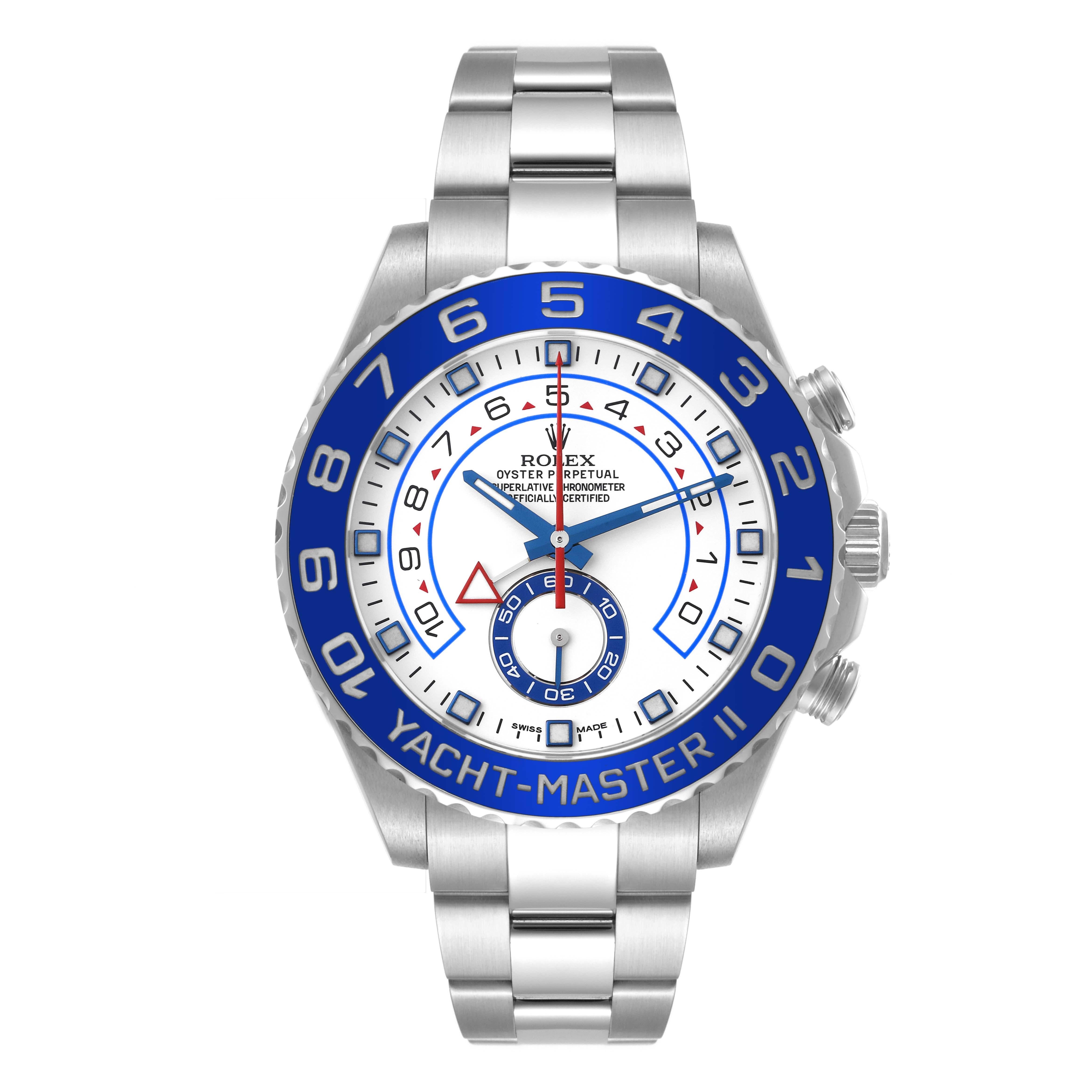 Rolex Yachtmaster II 44 Blue Cerachrom Bezel Steel Mens Watch 116680 Box Card. Officially certified chronometer automatic self-winding movement with Regatta chronograph function. Stainless steel case 44.0 mm in diameter. Screw down crown and