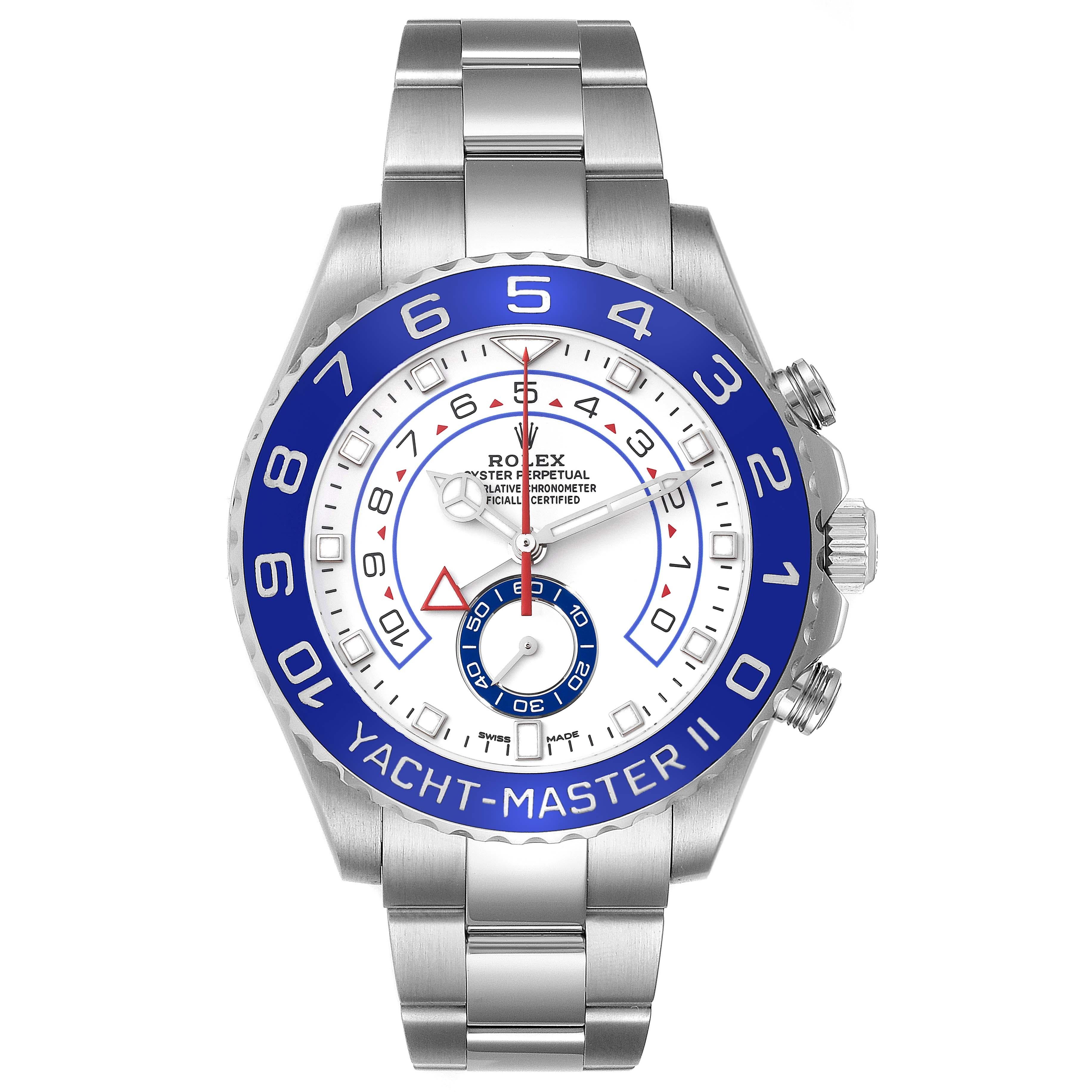 Rolex Yachtmaster II 44 Blue Cerachrom Bezel Steel Mens Watch 116680. Mouvement à remontage automatique certifié chronomètre avec fonction chronographe Regatta. Boîtier en acier inoxydable de 44.0 mm de diamètre. Couronne et fond vissés. Logo Rolex