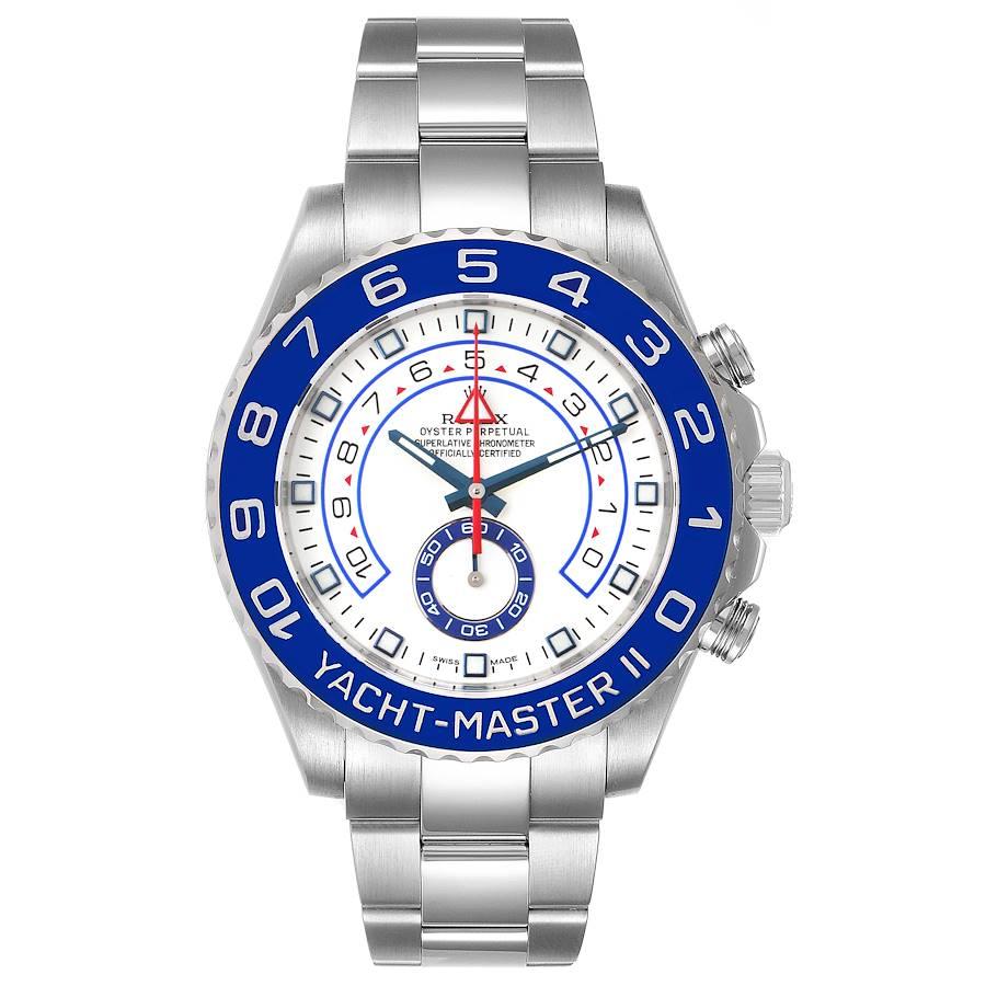 Rolex Yachtmaster II 44 Steel Blue Cerachrom Bezel Mens Watch 116680. Officially certified chronometer self-winding movement. Stainless steel case 44.0 mm in diameter. Screw down crown and caseback. Rolex logo on a crown. 90 degree rotating blue