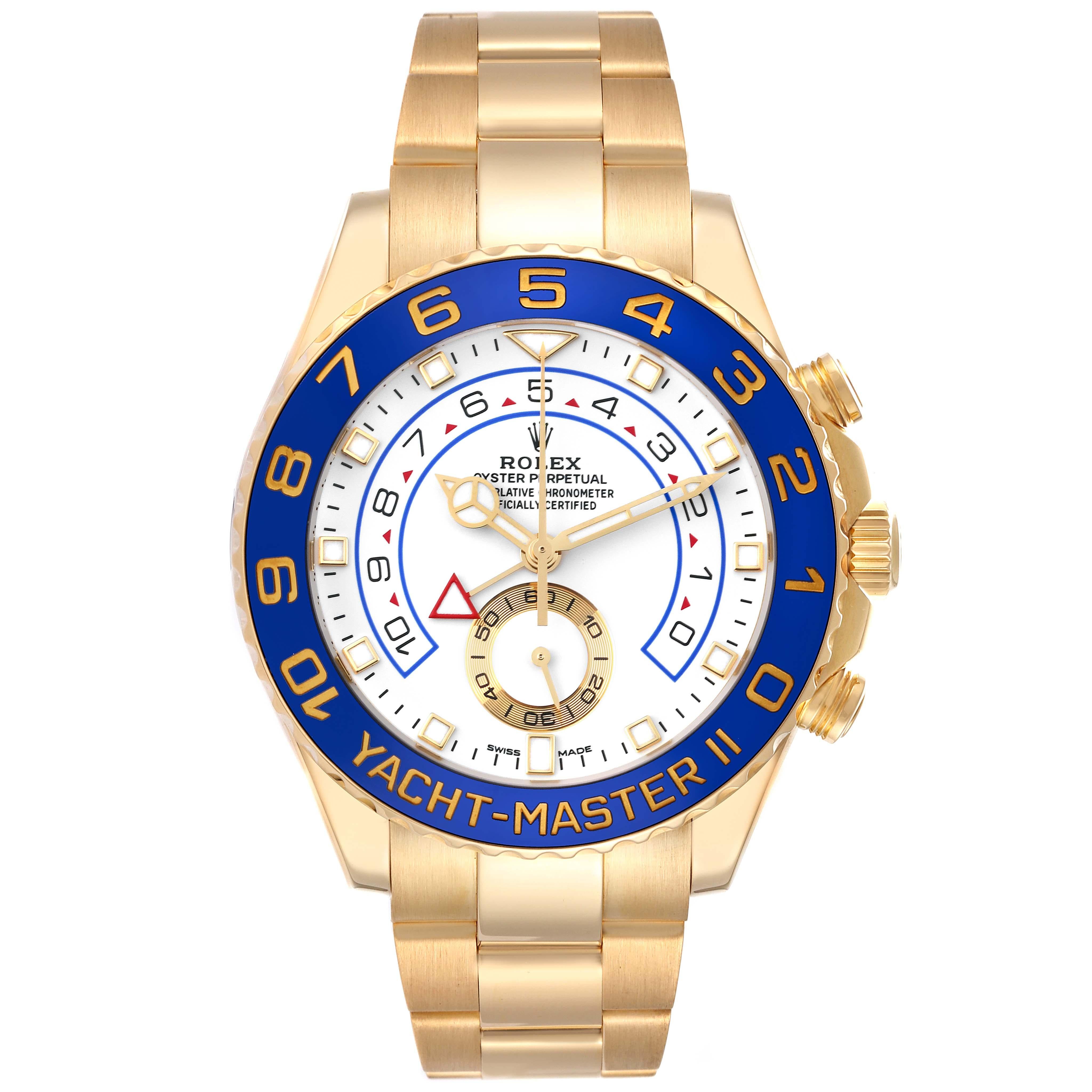 Rolex Yachtmaster II Regatta Chronograph Yellow Gold Men's Watch 116688 Box Card. Officially certified chronometer self-winding movement. 18K yellow gold case 44 mm in diameter. Screw down crown and caseback. Rolex logo on a crown. Ring Command 90
