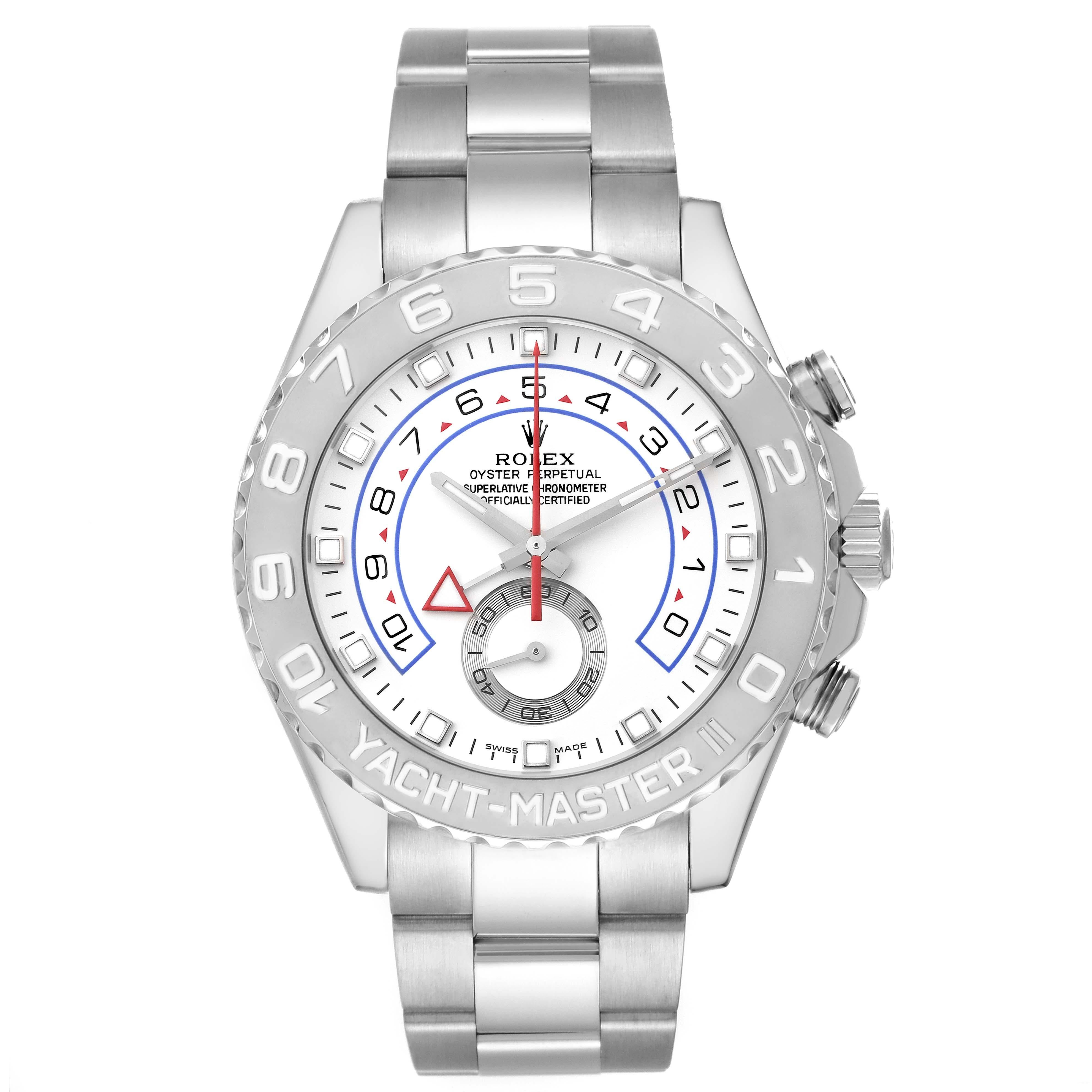 Rolex Yachtmaster II Regatta White Gold Platinum Mens Watch 116689. Officially certified chronometer self-winding movement. 18K white gold case 44.0 mm in diameter. Screw down crown and caseback. Rolex logo on a crown. 90 degree rotating platinum