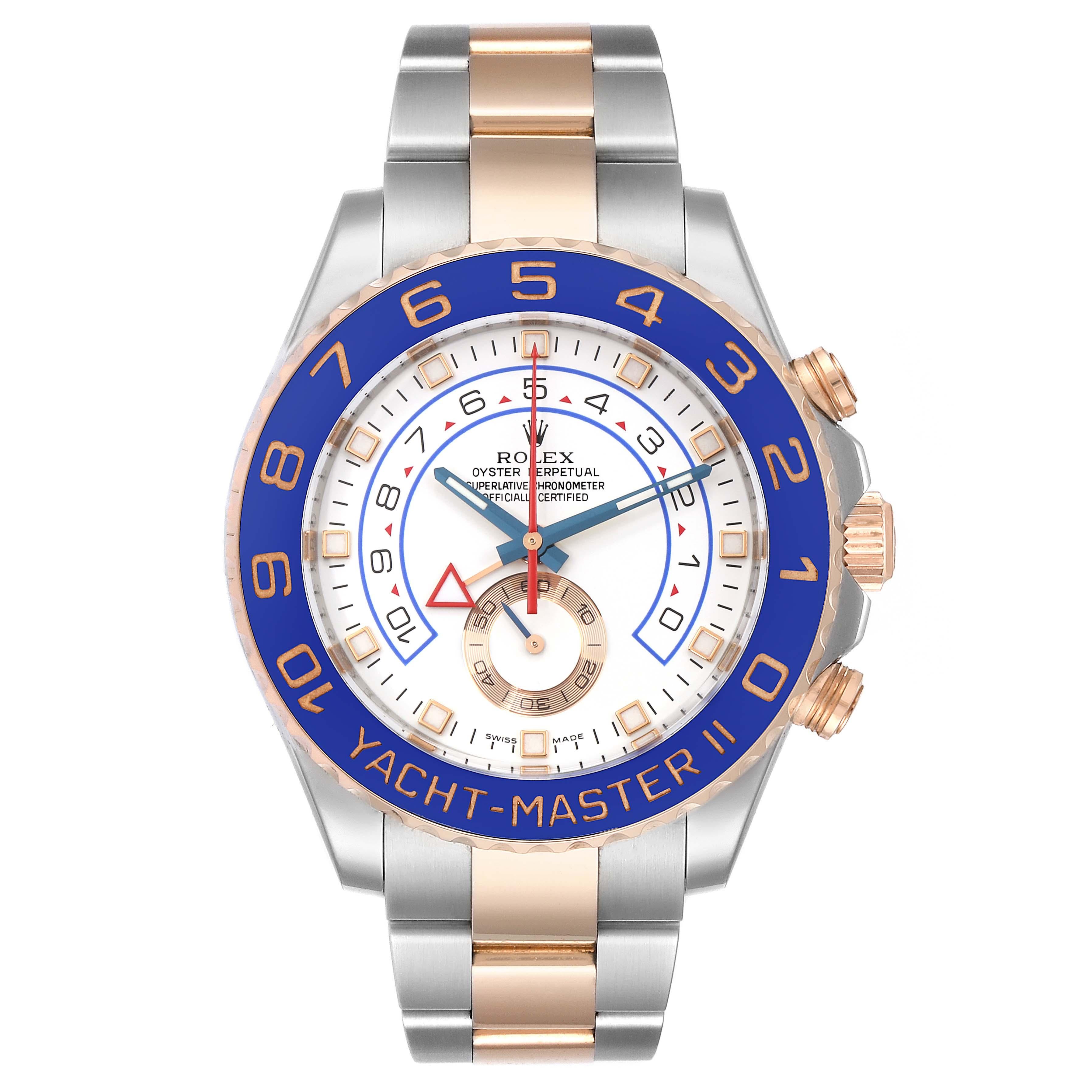 Rolex Yachtmaster II Rolesor EveRose Gold Steel Mens Watch 116681. Officially certified chronometer self-winding movement. Stainless steel and 18K rose gold case 44.0 mm in diameter. Screw down crown and caseback. Rolex logo on a crown. 90 degree