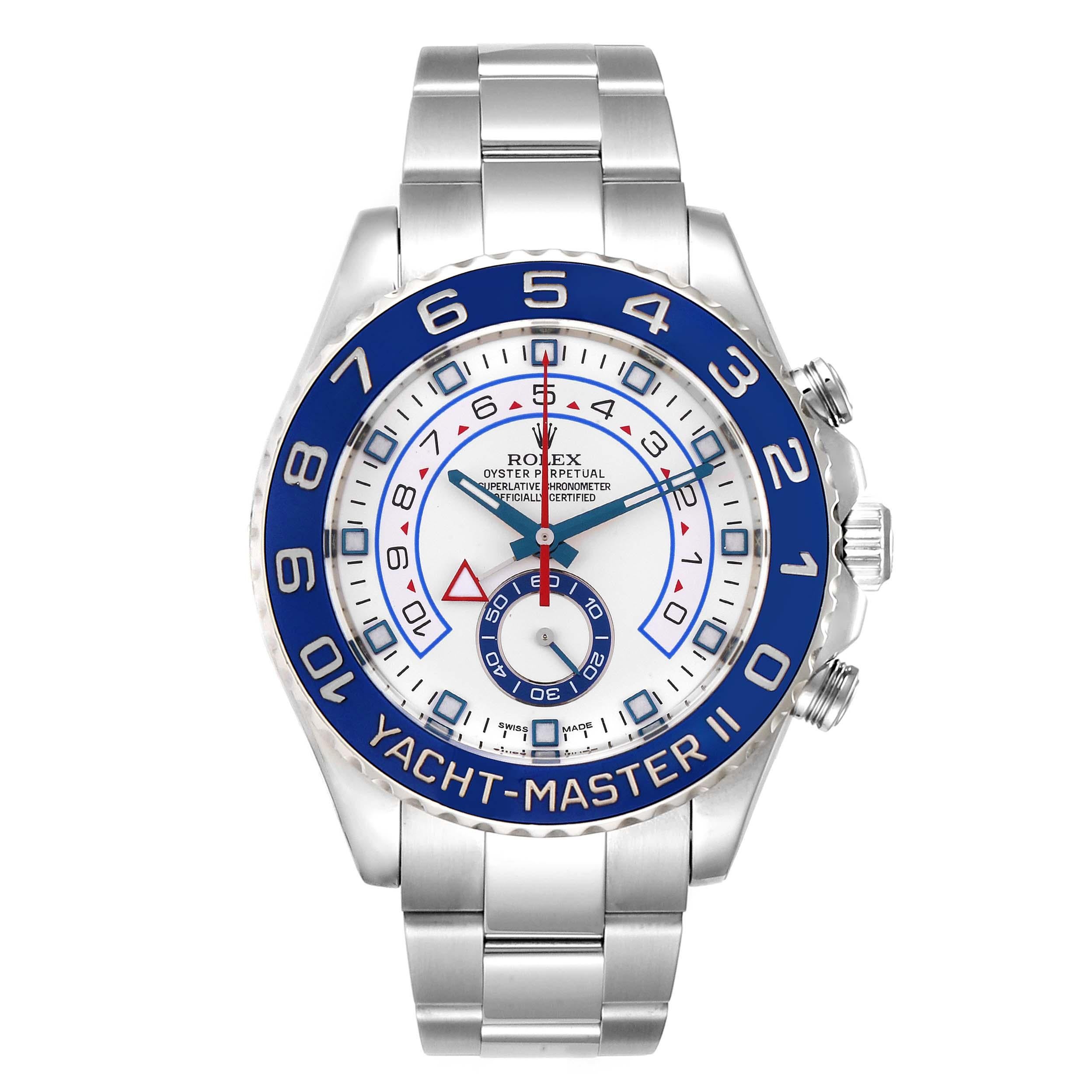 Rolex Yachtmaster II Stainless Steel Blue Bezel Mens Watch 116680. Officially certified chronometer self-winding movement. Stainless steel case 44 mm in diameter. Screw down crown and caseback. Rolex logo on a crown. 90 degree rotating blue ring