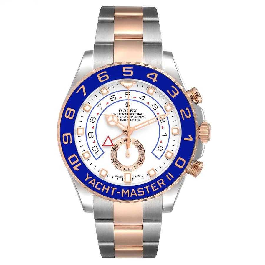 Rolex Yachtmaster II Steel Rose Gold Mens Watch 116681 Box Card. Officially certified chronometer automatic self-winding movement. Stainless steel and 18K rose gold case 44.0 mm in diameter. Screw down crown and caseback. Rolex logo on the crown. 90