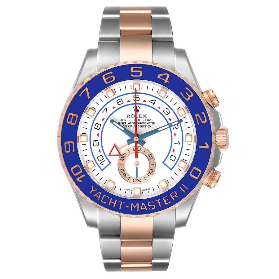 Rolex Yachtmaster II Steel Rose Gold Mens Watch 116681. Officially certified chronometer automatic self-winding movement. Stainless steel and 18K rose gold case 44.0 mm in diameter. Screw down crown and caseback. Rolex logo on the crown. 90 degree
