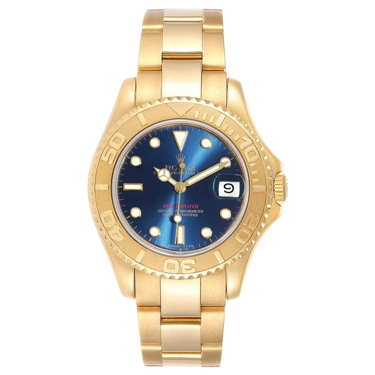 Rolex Yachtmaster Midsize 18 Karat Yellow Gold Blue Dial Unisex Watch 68628  For Sale at 1stDibs
