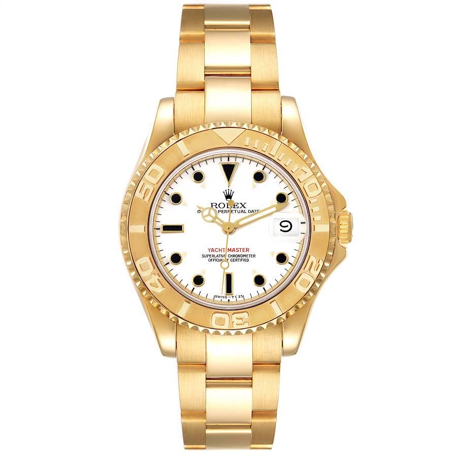 Rolex Yachtmaster Midsize 18K Yellow Gold White Dial Unisex Watch 68628. Officially certified chronometer self-winding movement. 18K yellow gold case 35.0 mm in diameter. Rolex logo on a crown. 18k yellow gold special time-lapse bi-directional
