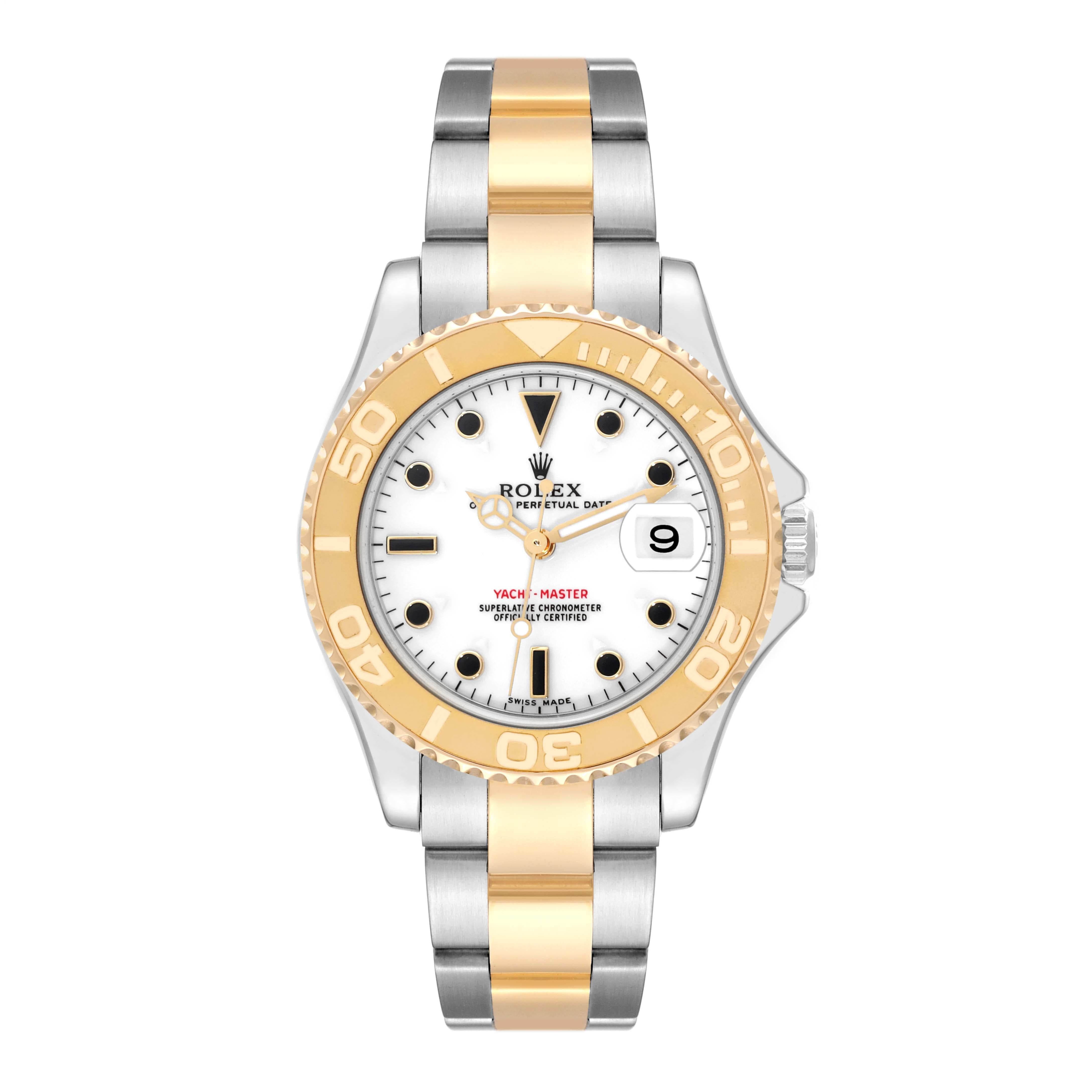 Rolex Yachtmaster Midsize Steel Yellow Gold Mens Watch 168623 Box Papers. Officially certified chronometer automatic self-winding movement. Stainless steel and 18K yellow gold case 35 mm in diameter. Rolex logo on a crown. 18K yellow gold special