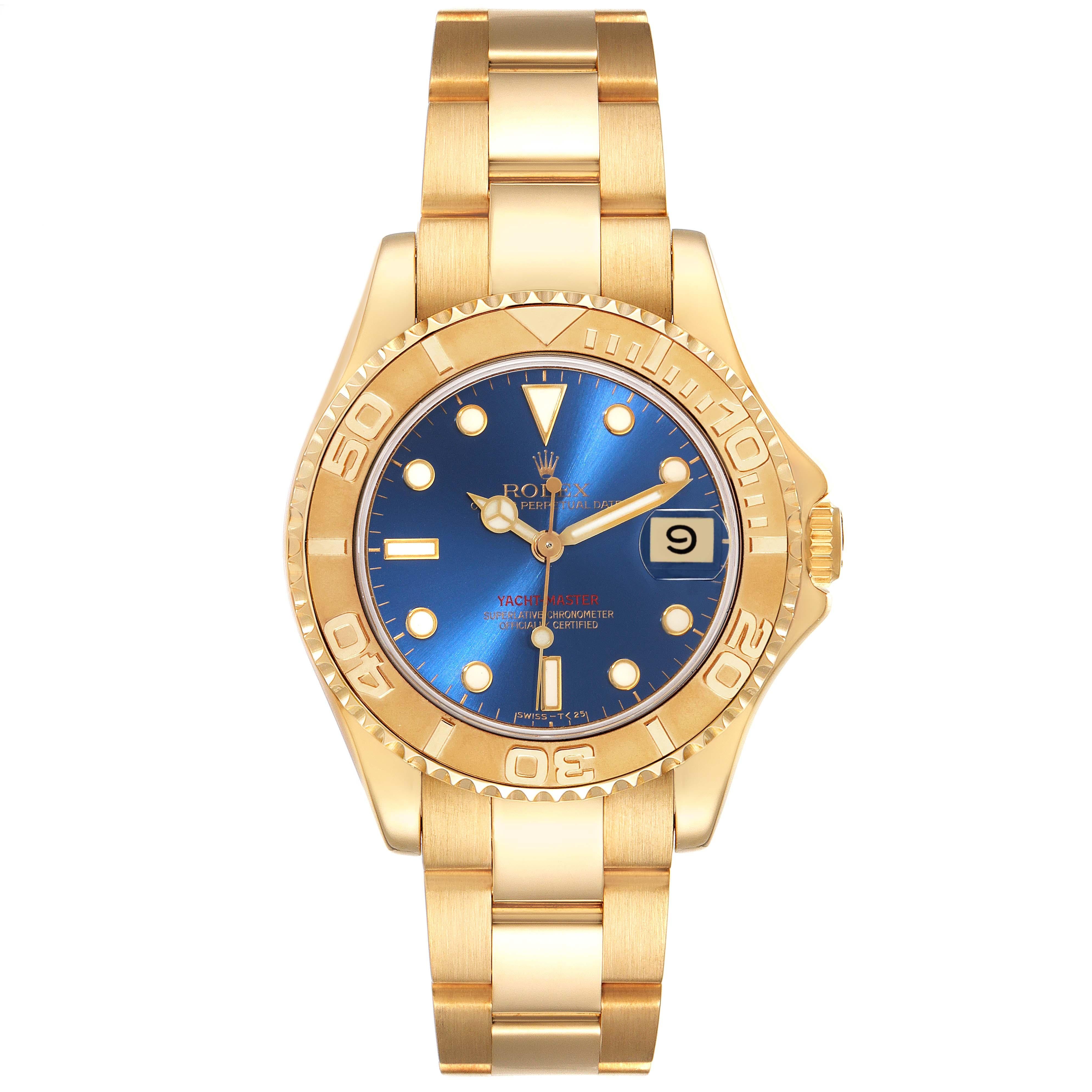 Rolex Yachtmaster Midsize Yellow Gold Blue Dial Mens Watch 68628 In Excellent Condition For Sale In Atlanta, GA