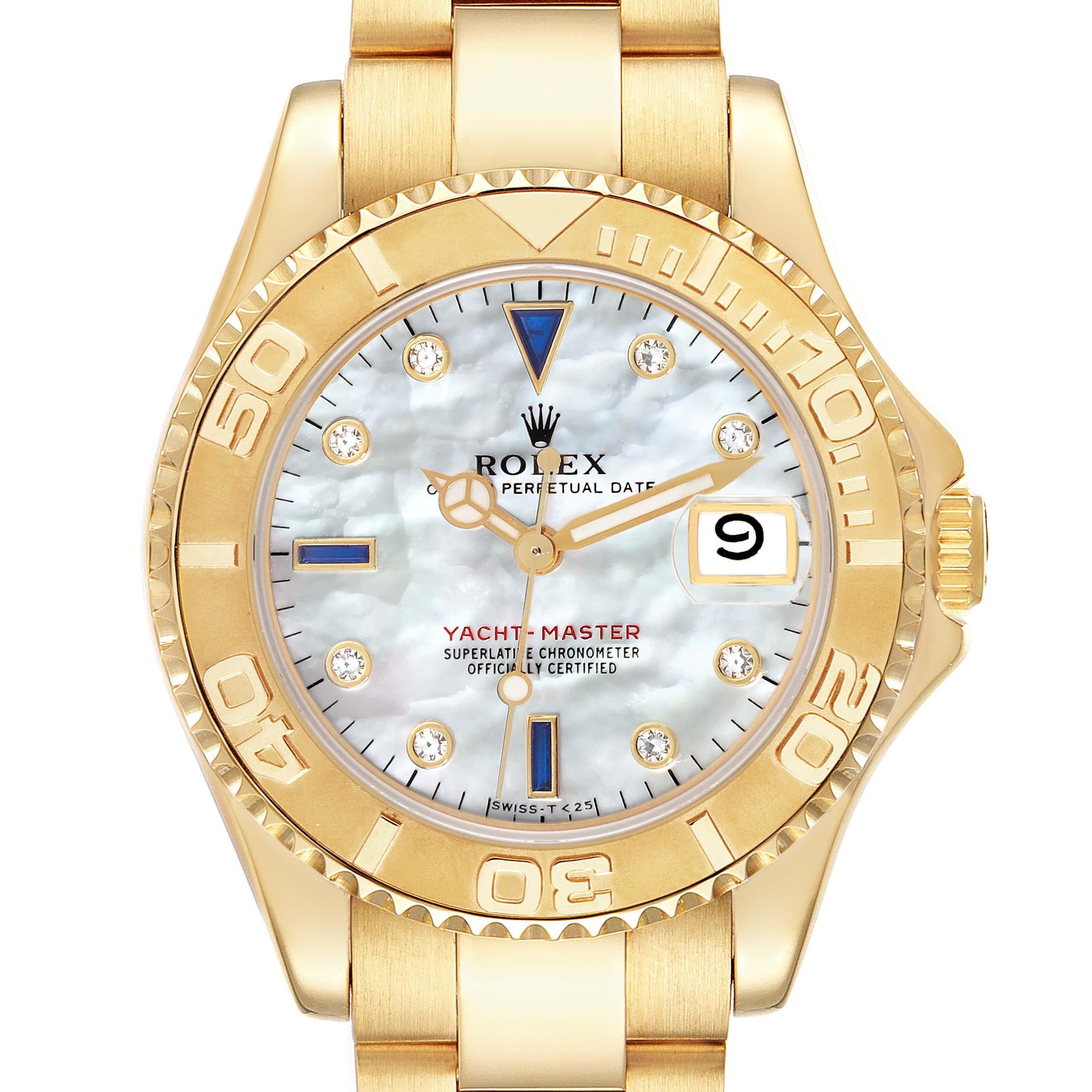 Rolex Yachtmaster Midsize Yellow Gold MOP Diamond Dial Mens Watch 68628. Officially certified chronometer self-winding movement. 18K yellow gold case 35.0 mm in diameter. Rolex logo on a crown. 18k yellow gold special time-lapse bi-directional