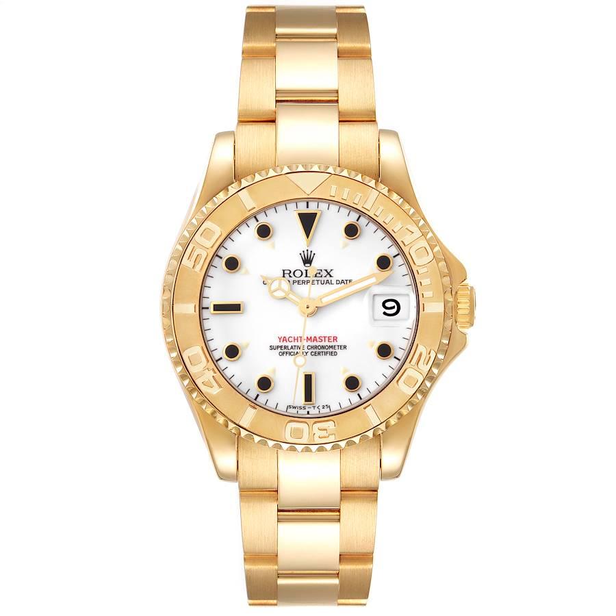 Rolex Yachtmaster Midsize Yellow Gold White Dial Mens Watch 68628 Box Papers. Officially certified chronometer automatic self-winding movement. 18K yellow gold case 35.0 mm in diameter. Rolex logo on the crown. 18k yellow gold special time-lapse