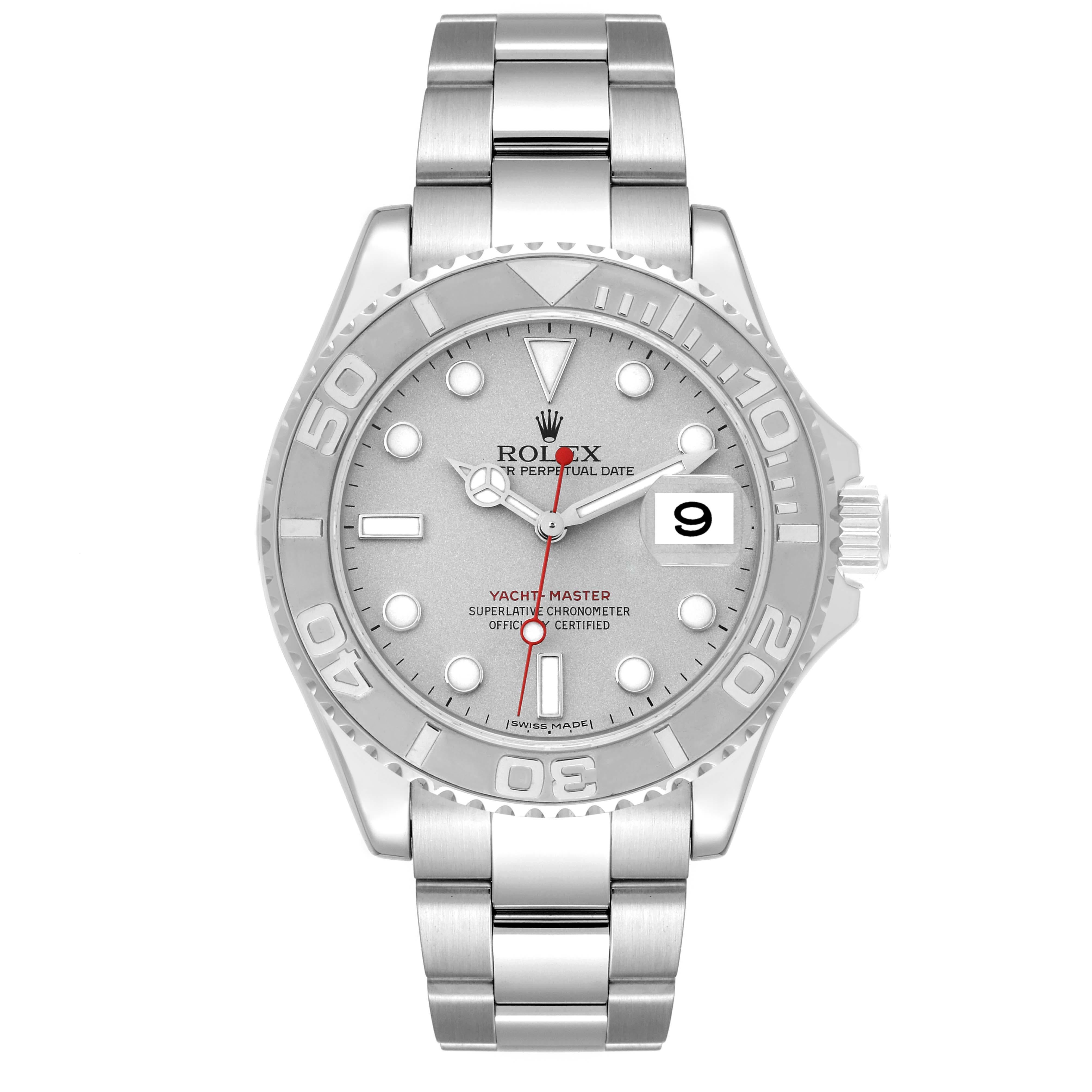 Rolex Yachtmaster Platinum Dial Bezel Steel Mens Watch 16622 Box Card. Officially certified chronometer automatic self-winding movement. Stainless steel case 40.0 mm in diameter. Rolex logo on the crown. Platinum special time-lapse bidirectional