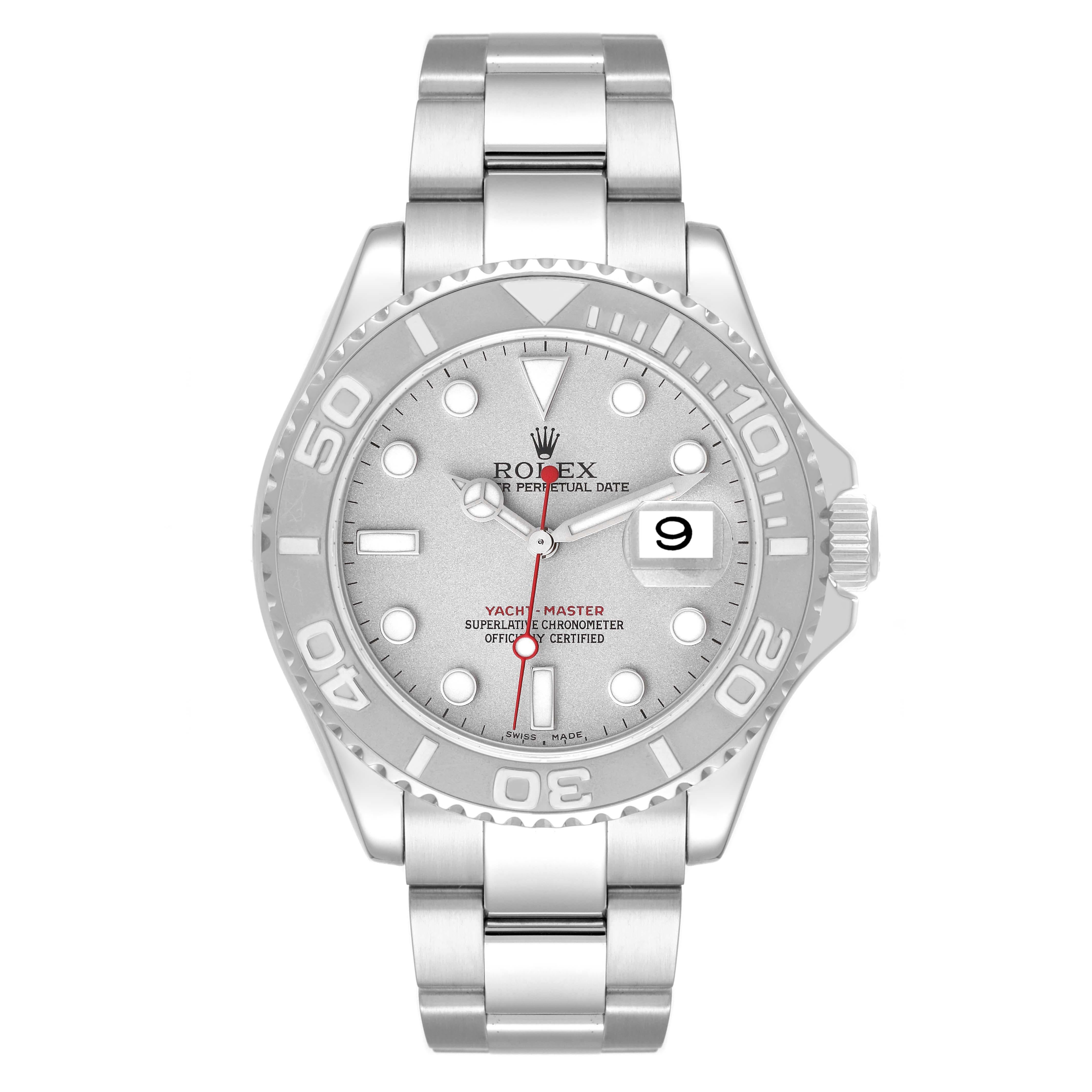 Rolex Yachtmaster Platinum Dial Bezel Steel Mens Watch 16622 Box Papers. Officially certified chronometer automatic self-winding movement. Stainless steel case 40.0 mm in diameter. Rolex logo on the crown. Platinum special time-lapse bidirectional