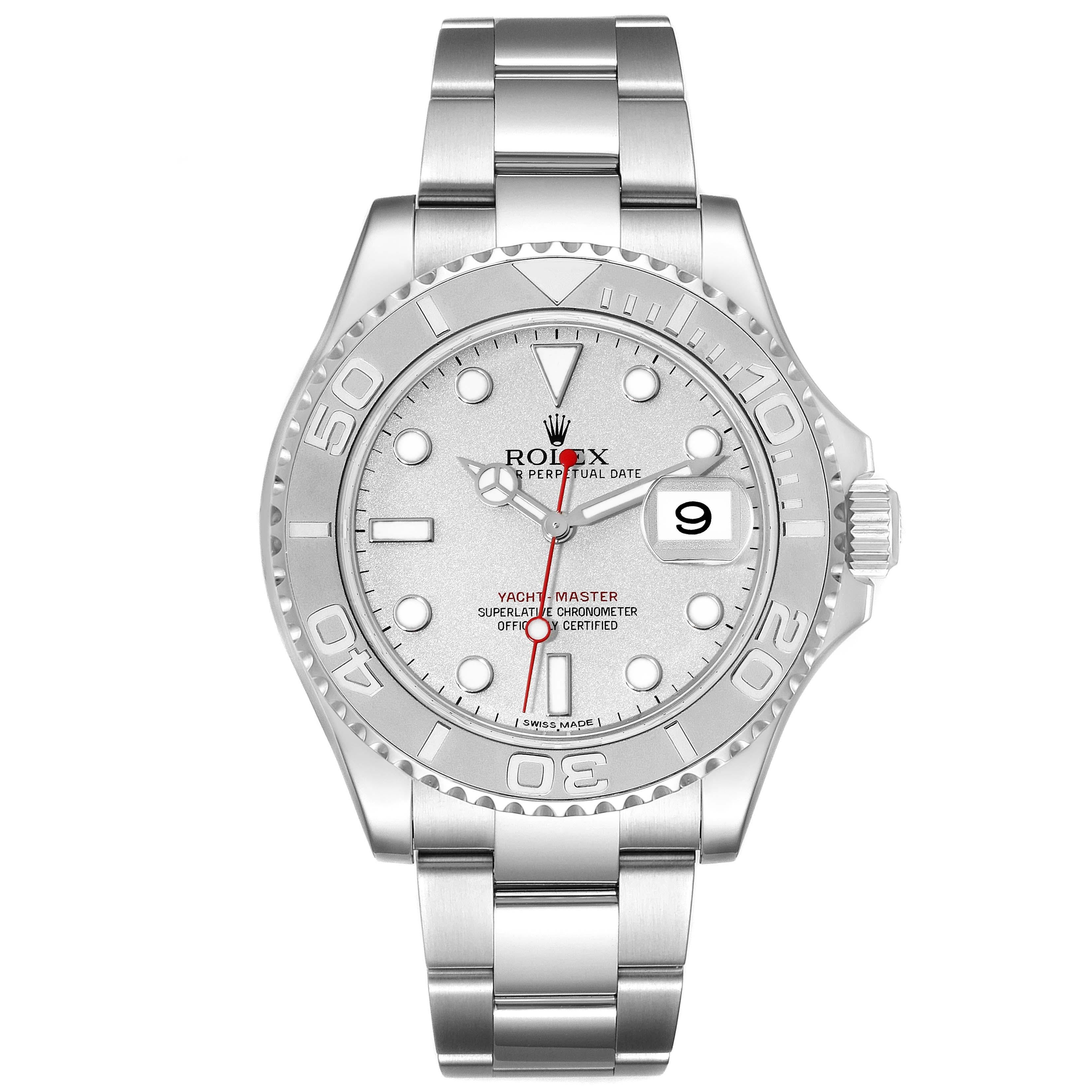 Rolex Yachtmaster Platinum Dial Steel Mens Watch 116622 Box Card. Officially certified chronometer automatic self-winding movement. Stainless steel case 40.0 mm in diameter. Rolex logo on the crown. Platinum special time-lapse bidirectional rotating