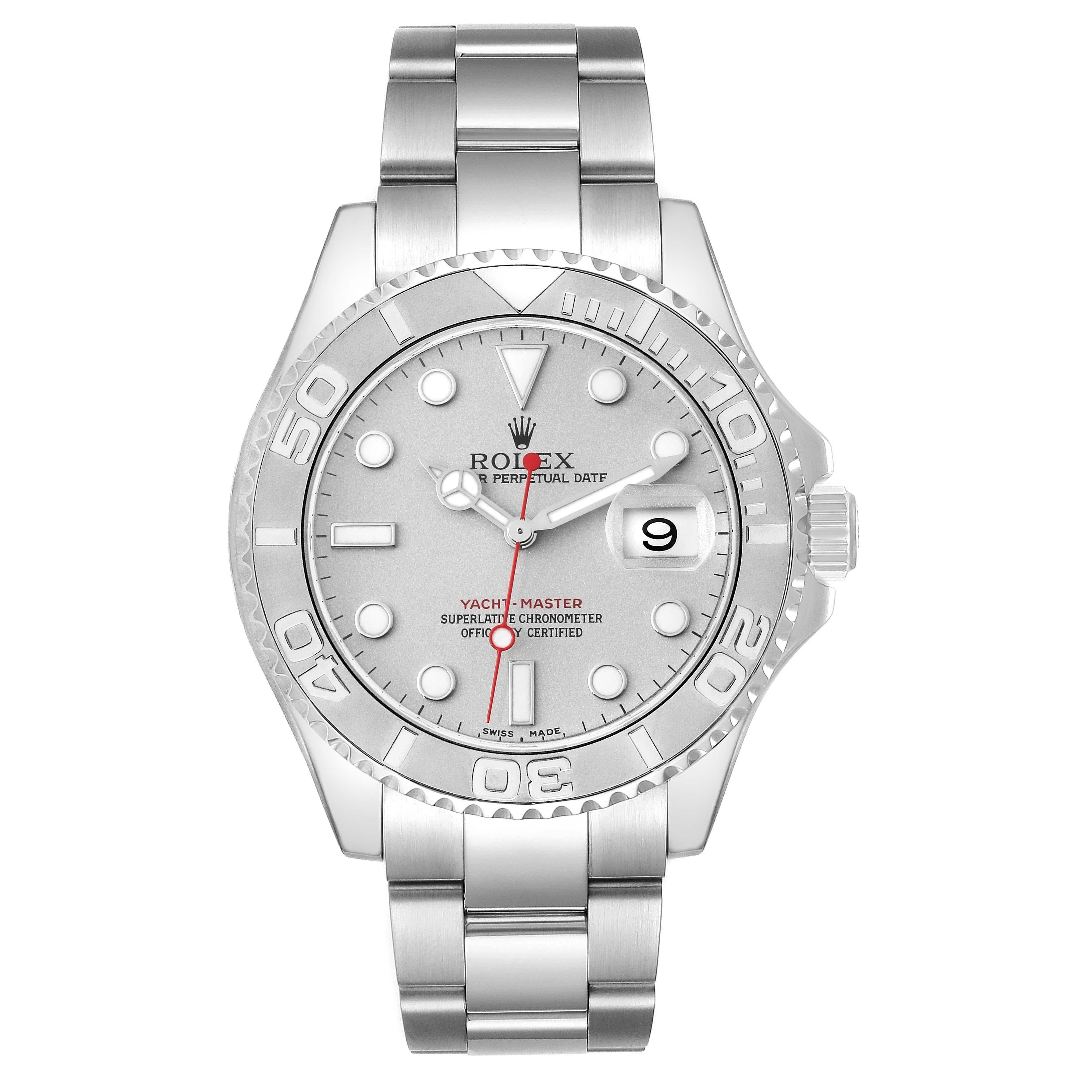 Rolex Yachtmaster Platinum Silver Dial Steel Mens Watch 16622 Box Papers. Officially certified chronometer automatic self-winding movement. Stainless steel case 40.0 mm in diameter. Rolex logo on the crown. Platinum special time-lapse bidirectional