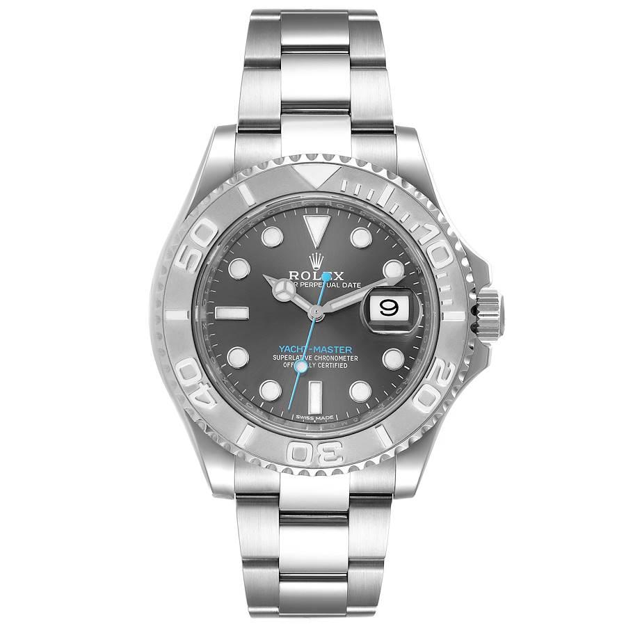Rolex Yachtmaster Rhodium Dial Steel Platinum Mens Watch 116622 Box Card. Officially certified chronometer self-winding movement. Stainless steel case 40.0 mm in diameter. Rolex logo on a crown. Platinum special time-lapse bidirectional rotating
