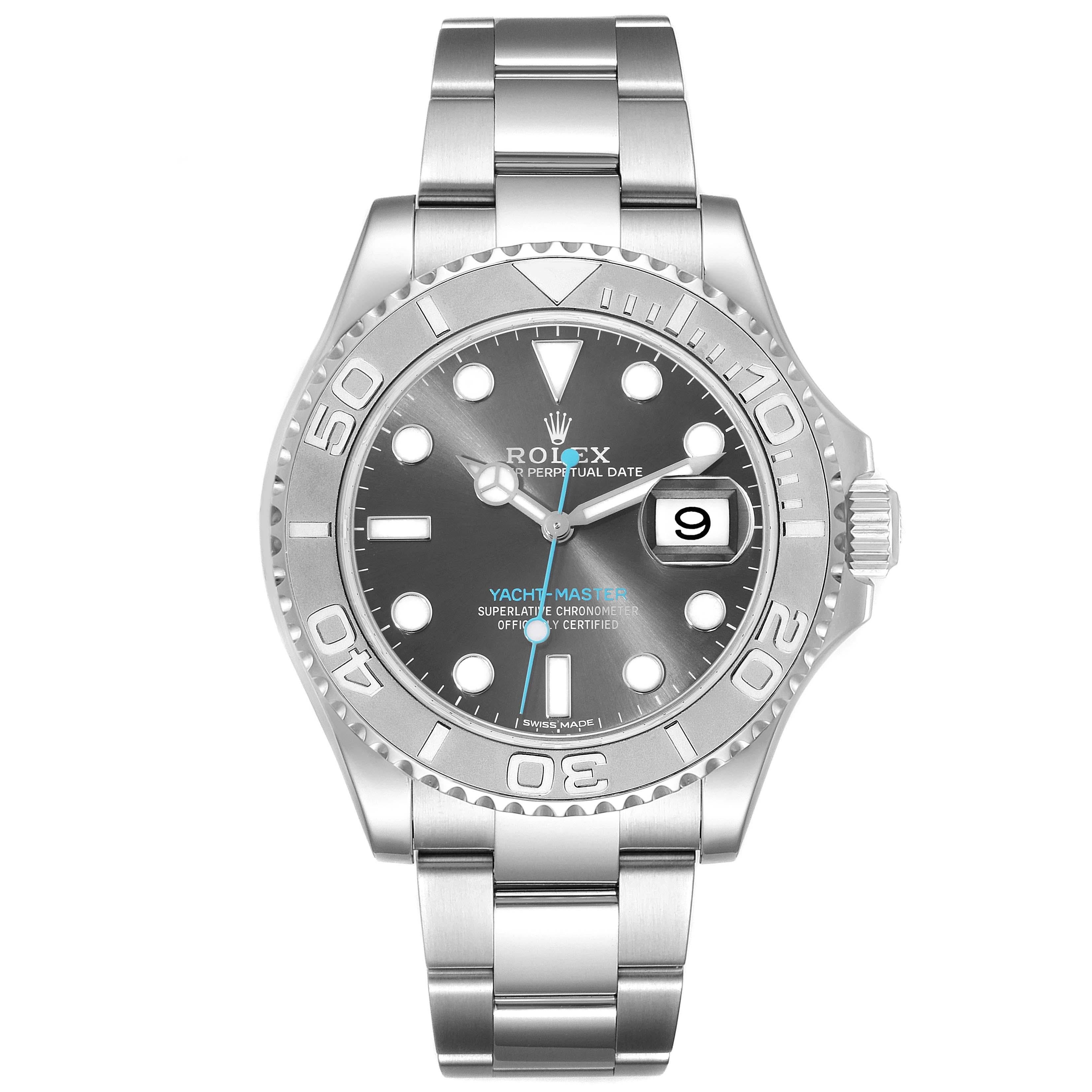 Rolex Yachtmaster Rhodium Dial Steel Platinum Mens Watch 116622 Box Card. Officially certified chronometer automatic self-winding movement. Stainless steel case 40.0 mm in diameter. Rolex logo on a crown. Platinum special time-lapse bidirectional
