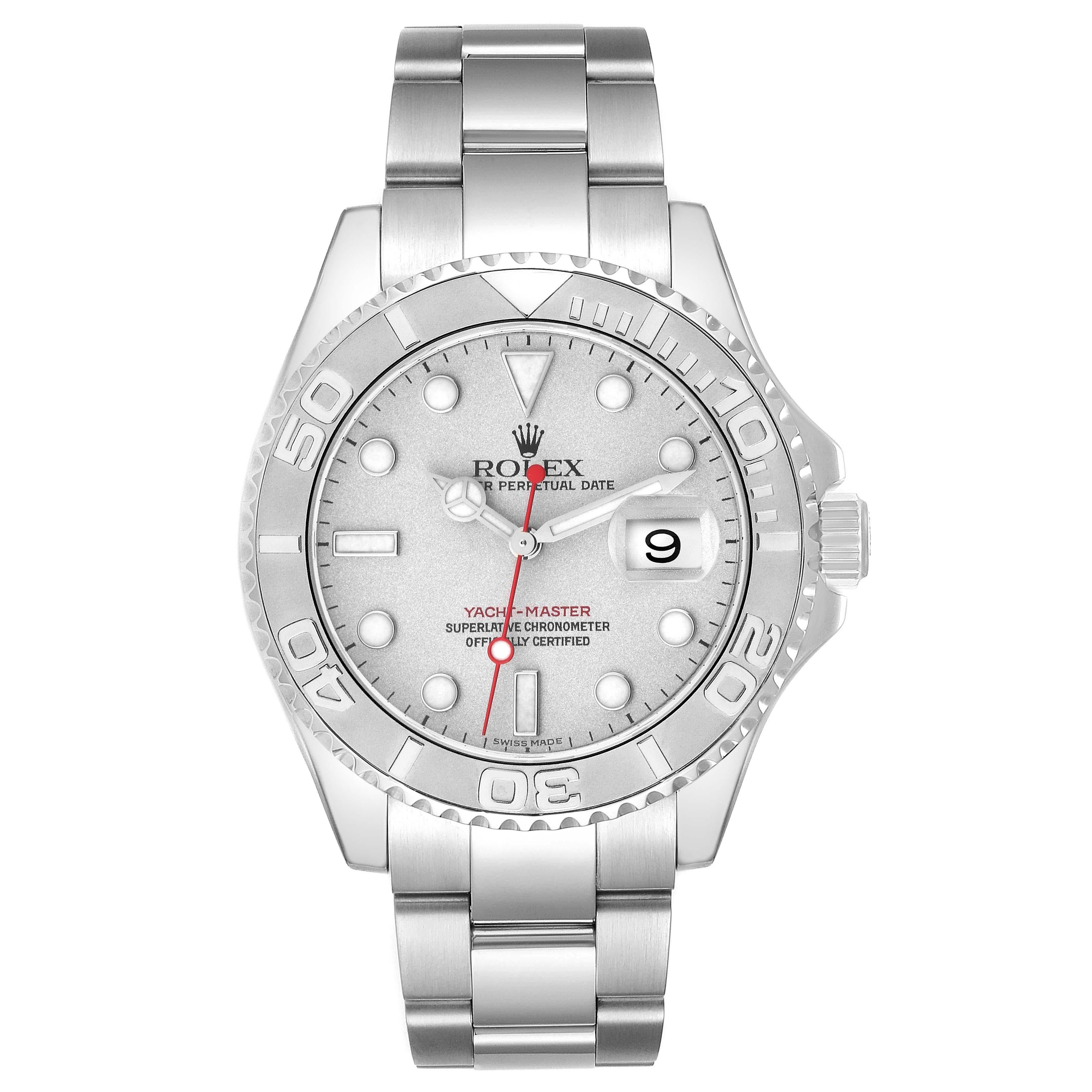 Rolex Yachtmaster Silver Dial Platinum Bezel Steel Mens Watch 16622 Box Papers. Officially certified chronometer automatic self-winding movement. Stainless steel case 40.0 mm in diameter. Rolex logo on the crown. Platinum special time-lapse