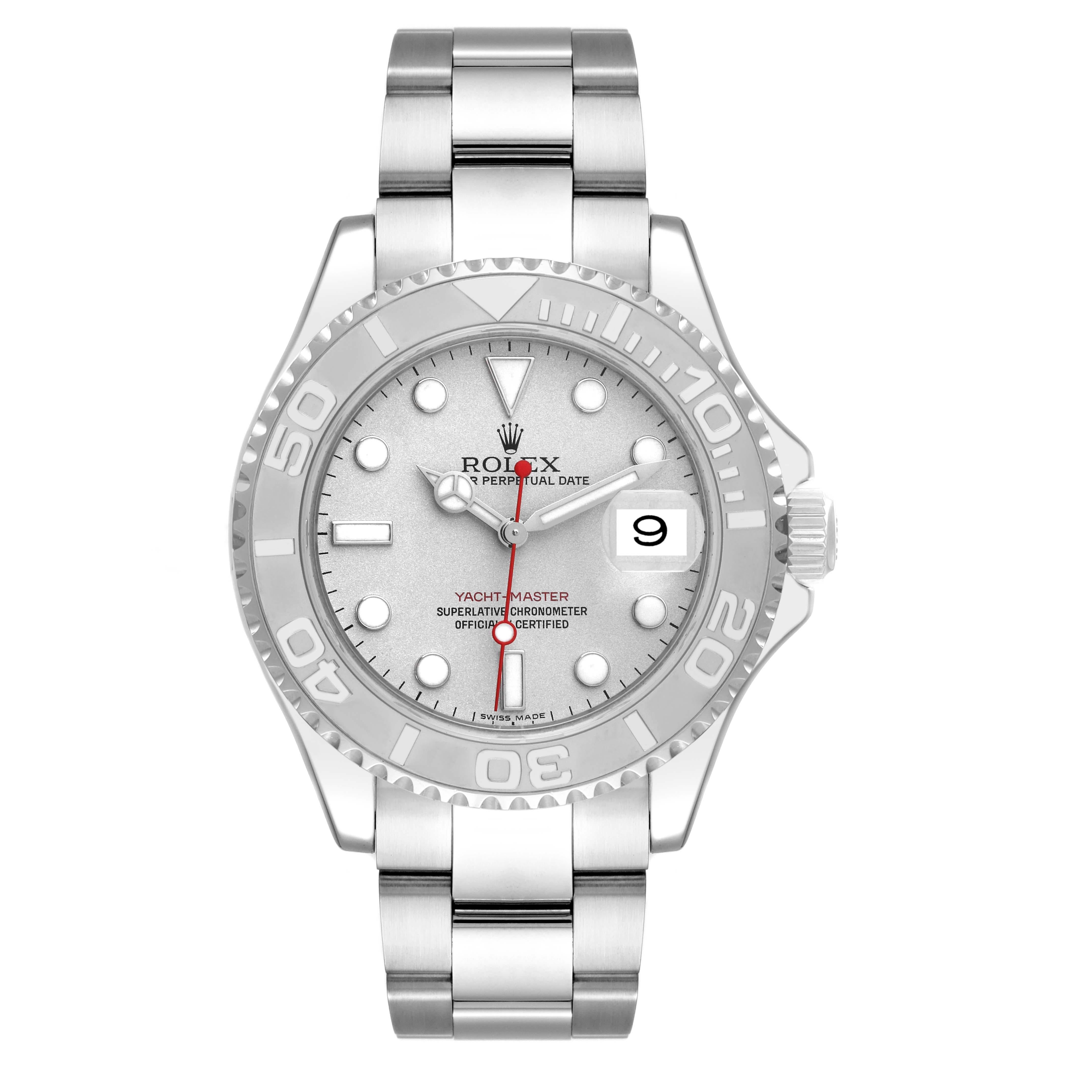 Rolex Yachtmaster Silver Dial Platinum Bezel Steel Mens Watch 16622. Officially certified chronometer automatic self-winding movement. Stainless steel case 40.0 mm in diameter. Rolex logo on the crown. Platinum special time-lapse bidirectional