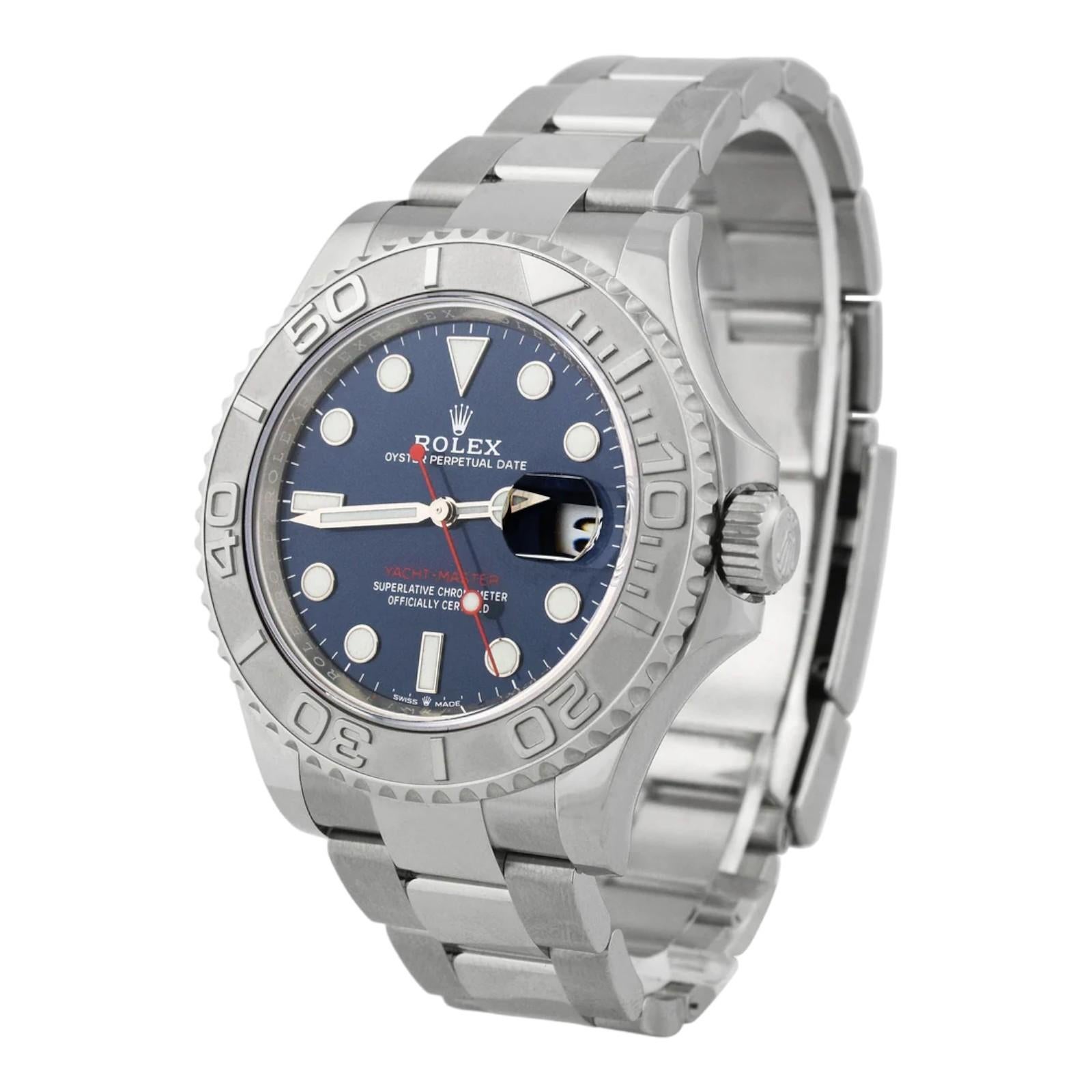 Marke: Rolex
Modell: Yacht-Master
Referenznummer: 126622
Gehäuse: Rostfreier Stahl
Gehäusegröße: 40mm
Armbänder: Oyster-Armband
Zifferblatt: Blaues Zifferblatt mit gepunkteten Stundenmarkierungen und roten Akzenten
Lume: Luminous Zeiger &