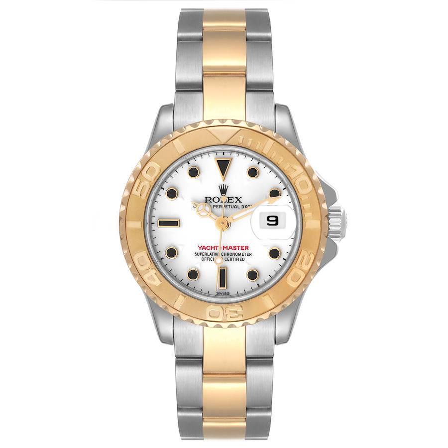 Rolex Yachtmaster Steel 18K Yellow Gold Ladies Watch 169623 Box Papers. Officially certified chronometer automatic self-winding movement. Stainless steel and 18K yellow gold case 29 mm in diameter. Rolex logo on the crown. 18K yellow gold special