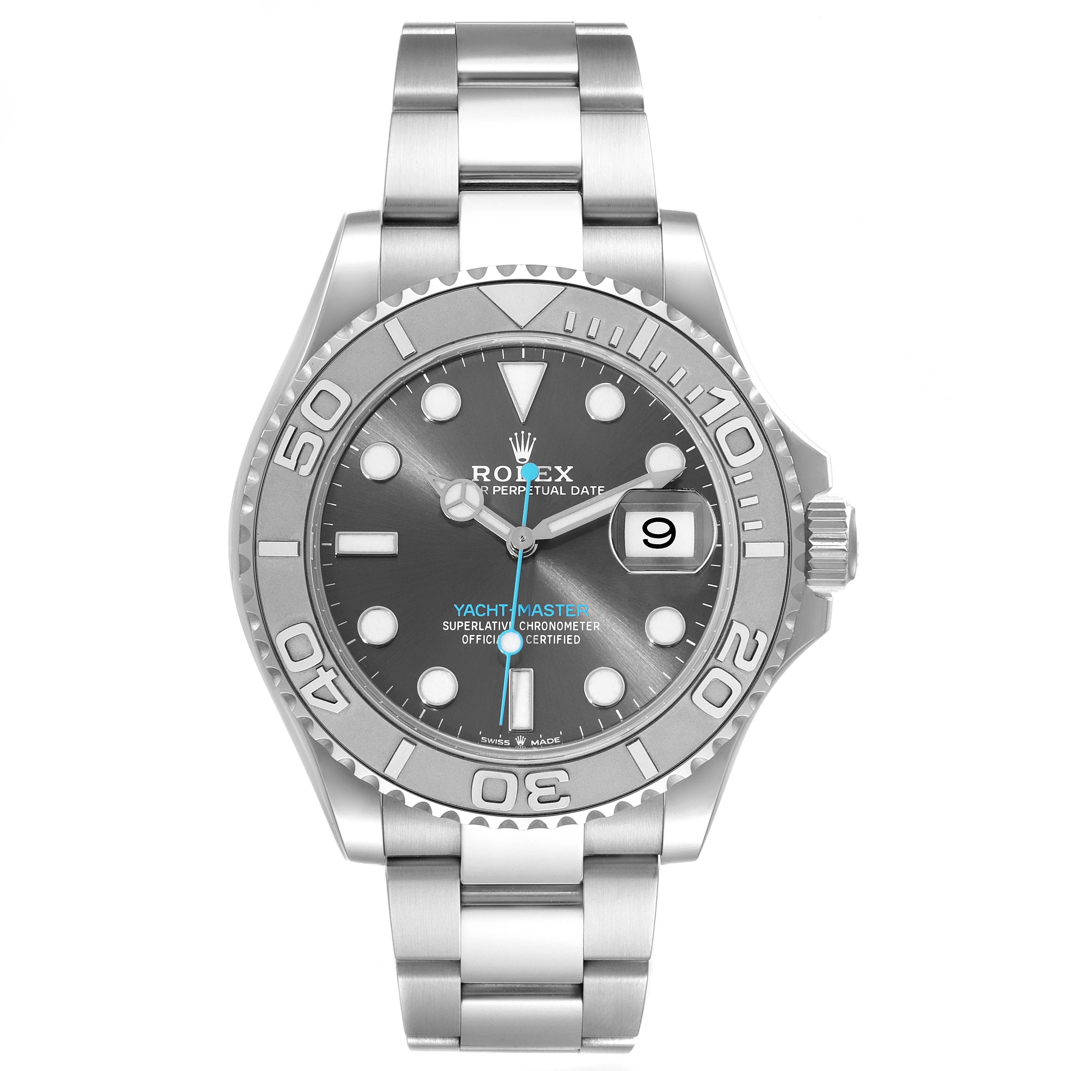 Rolex Yachtmaster Steel Platinum Bezel Rhodium Dial Mens Watch 126622 Box Card. Officially certified chronometer automatic self-winding movement. Stainless steel case 40.0 mm in diameter. Rolex logo on the crown. Platinum special time-lapse