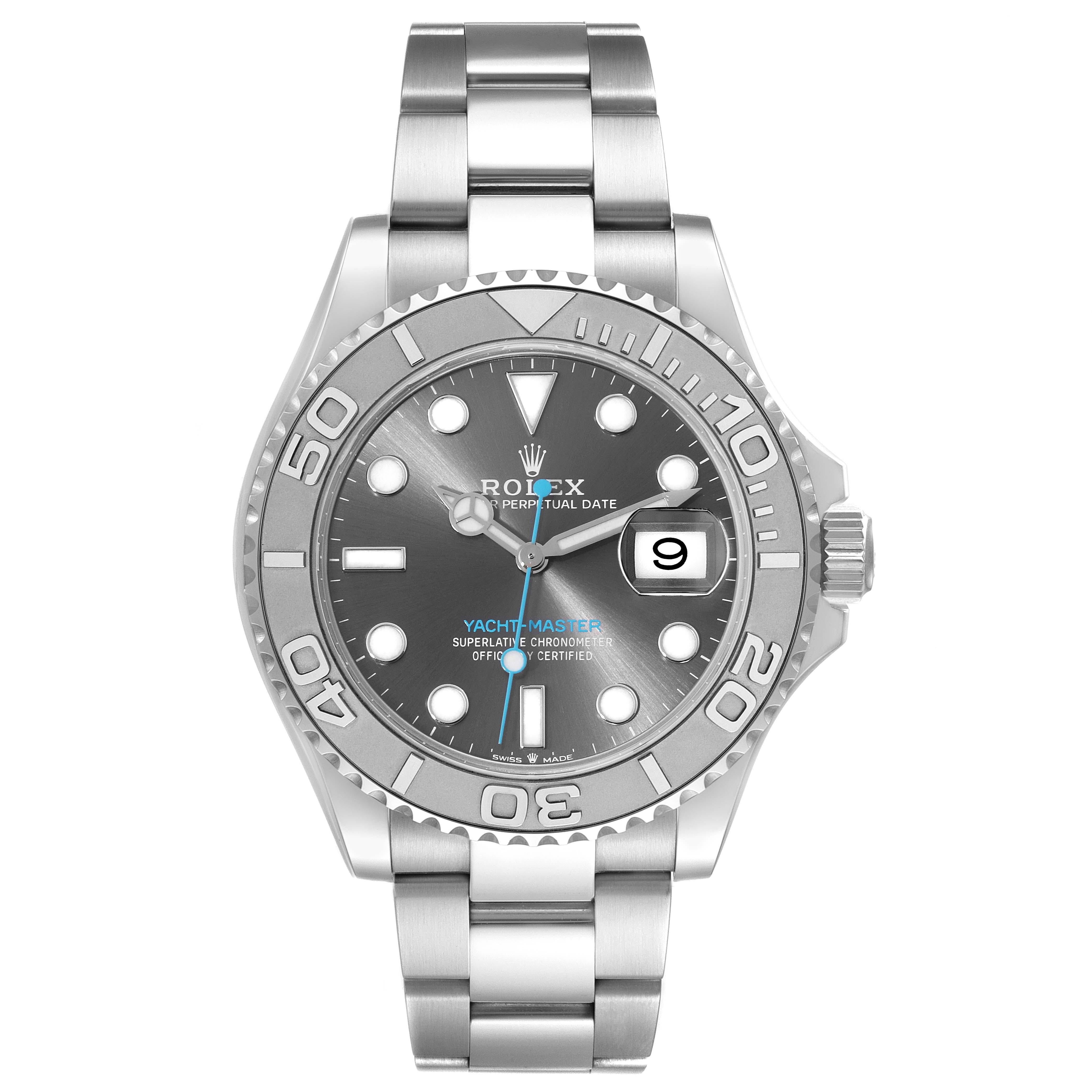 Rolex Yachtmaster Steel Platinum Bezel Rhodium Dial Mens Watch 126622 Box Card. Officially certified chronometer automatic self-winding movement. Stainless steel case 40.0 mm in diameter. Rolex logo on the crown. Platinum special time-lapse