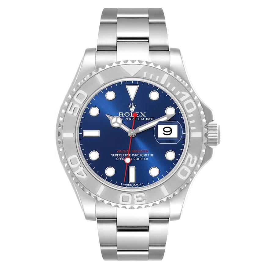 Rolex Yachtmaster Steel Platinum Blue Dial Mens Watch 116622 Box Card. Officially certified chronometer automatic self-winding movement. Stainless steel case 40.0 mm in diameter. Rolex logo on the crown. Platinum special time-lapse bidirectional