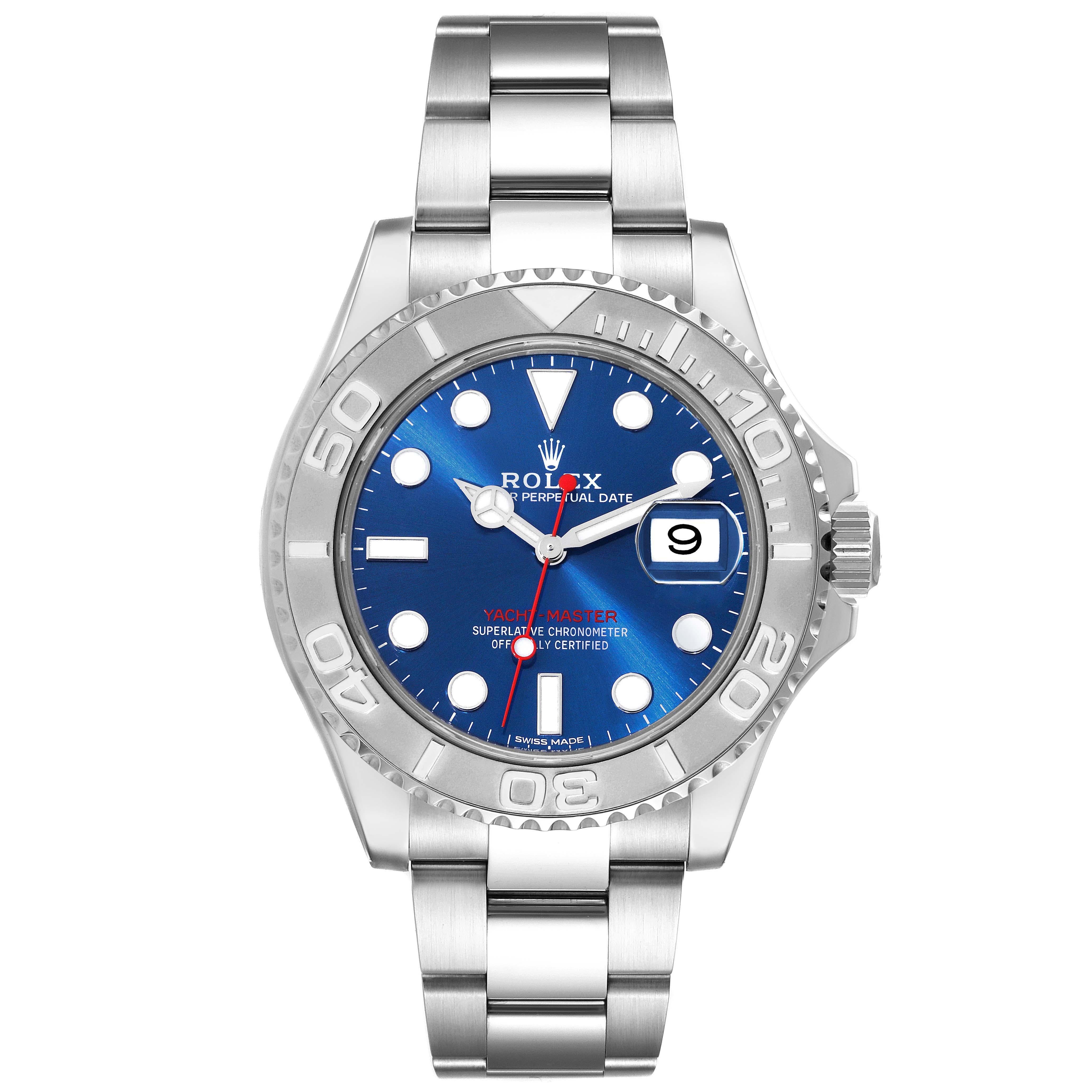 Rolex Yachtmaster Steel Platinum Blue Dial Mens Watch 116622 Box Card. Officially certified chronometer automatic self-winding movement. Stainless steel case 40.0 mm in diameter. Rolex logo on the crown. Platinum special time-lapse bidirectional