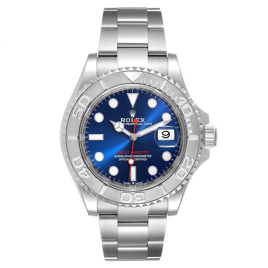 Rolex Yachtmaster Steel Platinum Blue Dial Mens Watch 126622 Box Card. Officially certified chronometer self-winding movement. Stainless steel case 40.0 mm in diameter. Rolex logo on a crown. Platinum special time-lapse bidirectional rotating bezel.