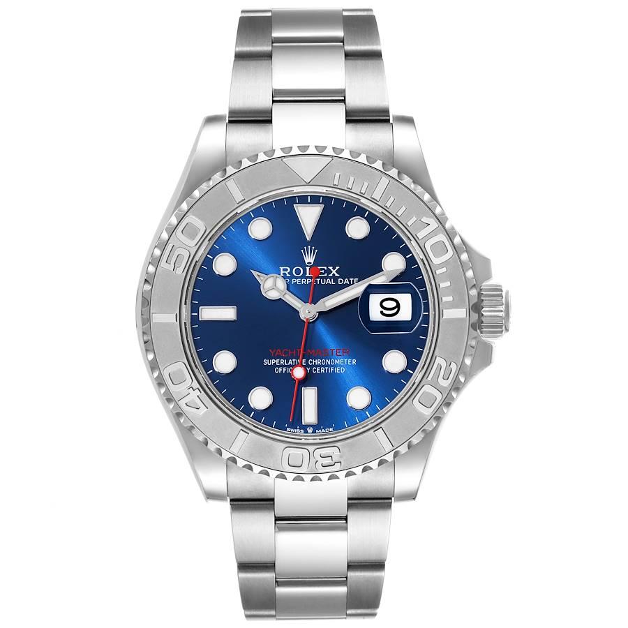 Rolex Yachtmaster Steel Platinum Blue Dial Mens Watch 126622 Box Card. Officially certified chronometer automatic self-winding movement. Stainless steel case 40.0 mm in diameter. Rolex logo on the crown. Platinum special time-lapse bidirectional