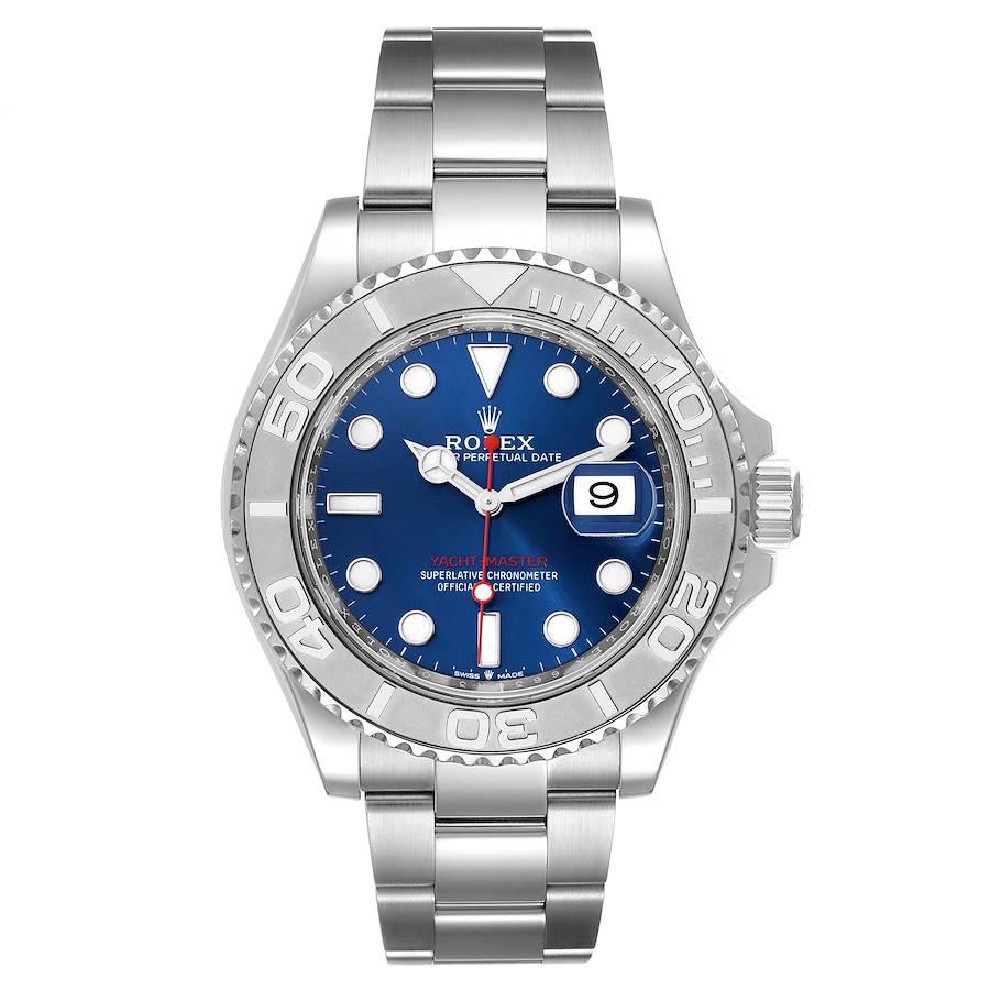 Rolex Yachtmaster Steel Platinum Blue Dial Mens Watch 126622 Unworn. Officially certified chronometer self-winding movement. Stainless steel case 40.0 mm in diameter. Rolex logo on a crown. Platinum special time-lapse bidirectional rotating bezel.