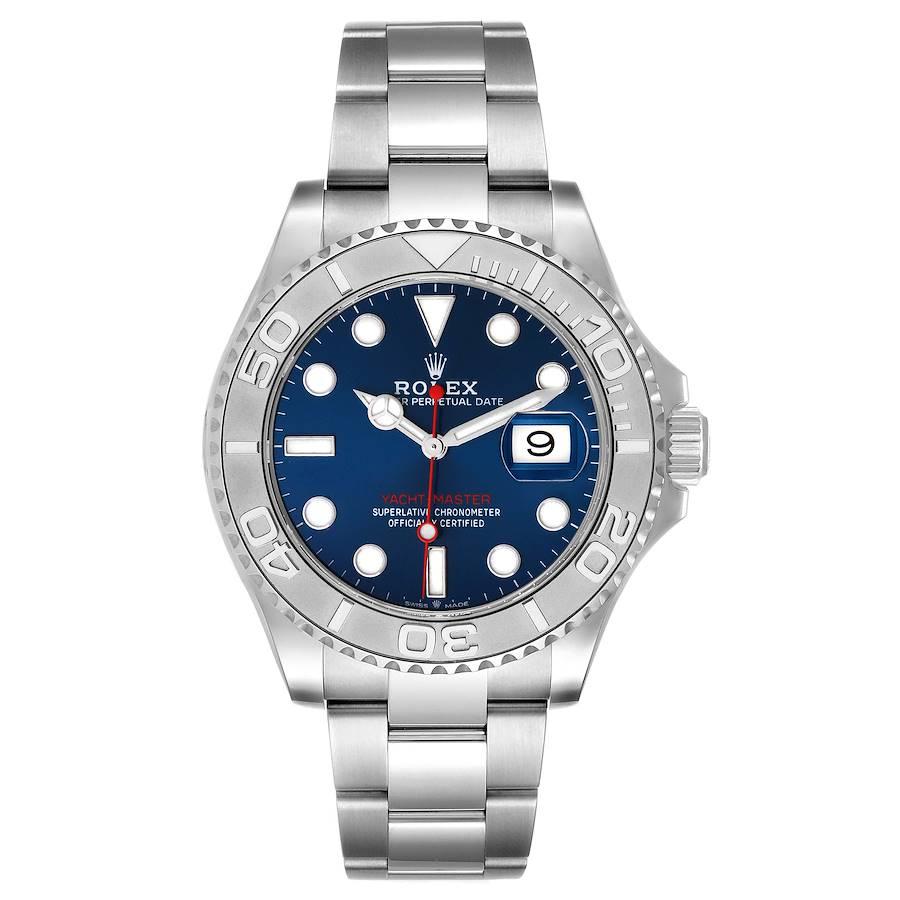 Rolex Yachtmaster Steel Platinum Blue Dial Mens Watch 126622 Unworn. Officially certified chronometer self-winding movement. Stainless steel case 40.0 mm in diameter. Rolex logo on a crown. Platinum special time-lapse bidirectional rotating bezel.