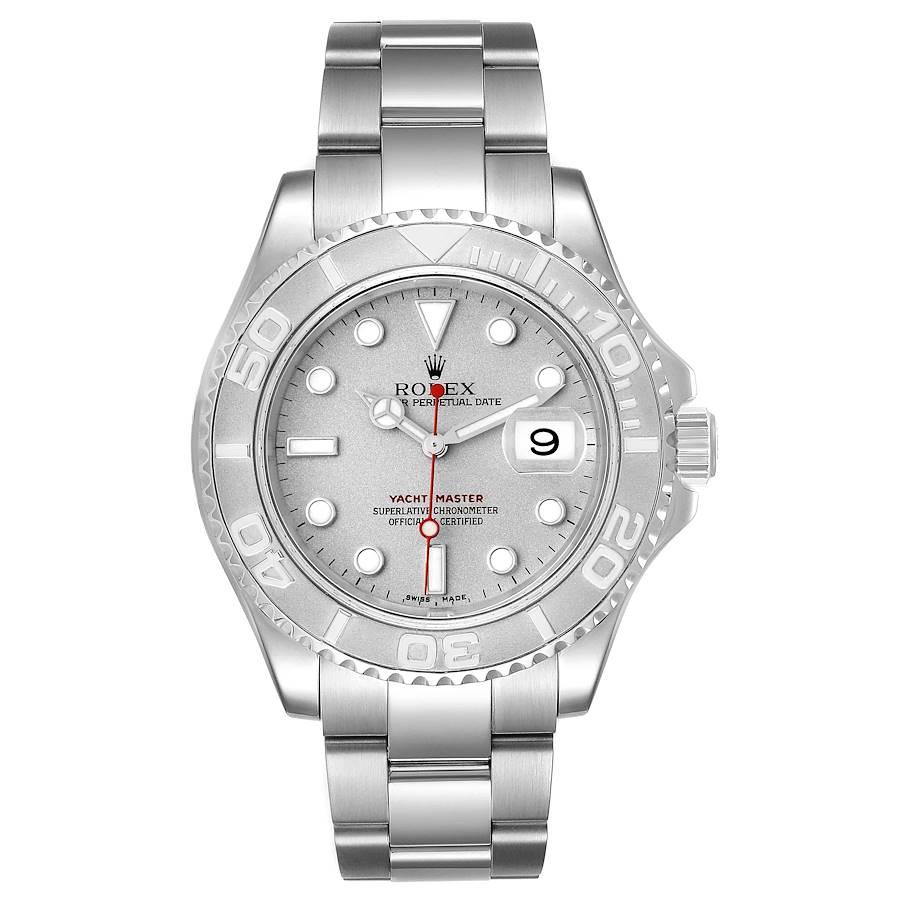 Rolex Yachtmaster Stahl Platin Zifferblatt Platin Lünette Herrenuhr 16622 Box Papiere. Offiziell zertifiziertes Chronometerwerk mit automatischem Aufzug. Gehäuse aus Edelstahl mit einem Durchmesser von 40.0 mm. Rolex Logo auf der Krone. Spezielle